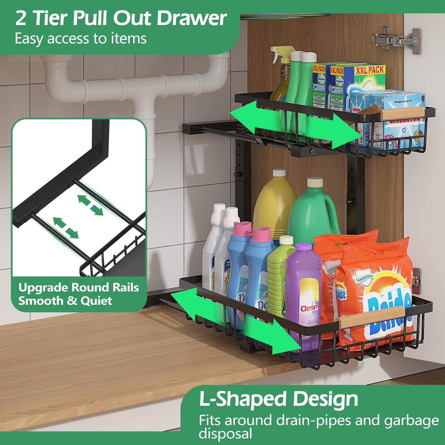 ADRIMER Under Sink Organizer 2 Packs, Pull Out Kitchen Sink Organizer, 2 Tier Slide Out Kitchen Organizers and Storage Bathroom Under Cabinet Storage Shelf, Black