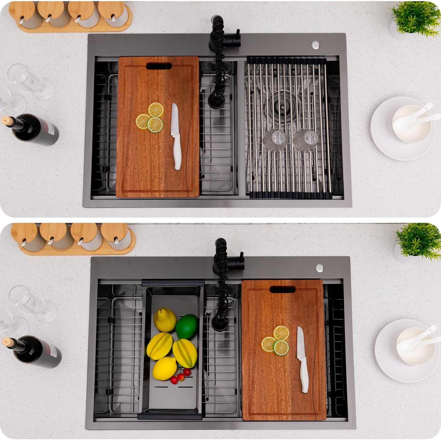 UFaucet 60/40 Drop In Double Bowl Kitchen Sink Black, 33x22 Inch Gunmetal Black Drop In Kitchen Sink Ledge Workstation 16 Gauge Stainless Steel Topmount Dual Basin with Cutting Board