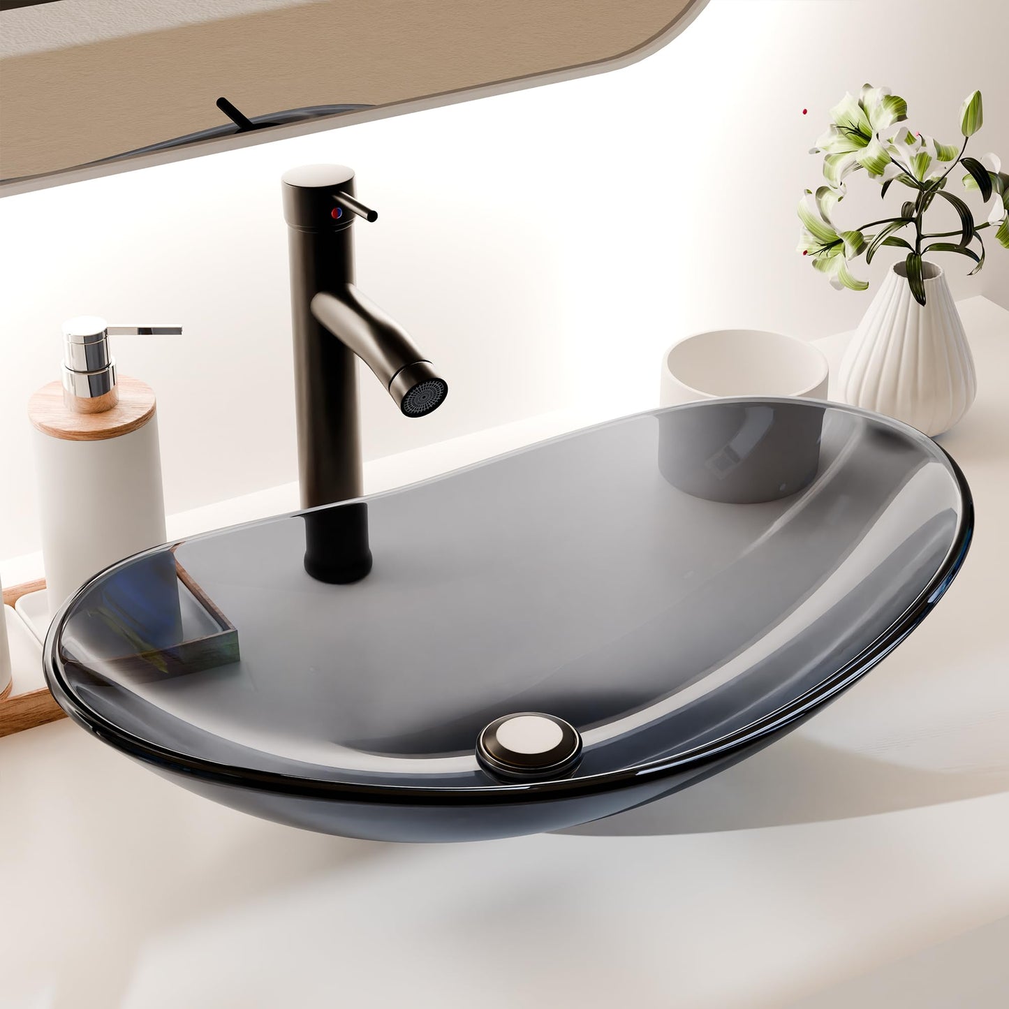 YIMAI Ingenuity Vessel Sink Bathroom Sinks Tempered Glass Art Basin 20.8"x13.7" Oval Bowl Above Counter with Faucet and Pop-Up Drain Combo, Oval Clear Grey,Modern Countertop Bowl Sink