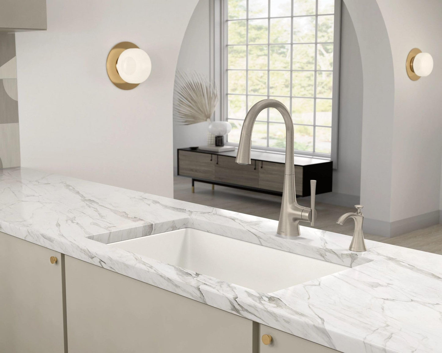 Moen Spot Resist Stainless Transitional Deck Mounted Kitchen Soap Dispenser with Above the Sink Refillable Bottle, S3946SRS