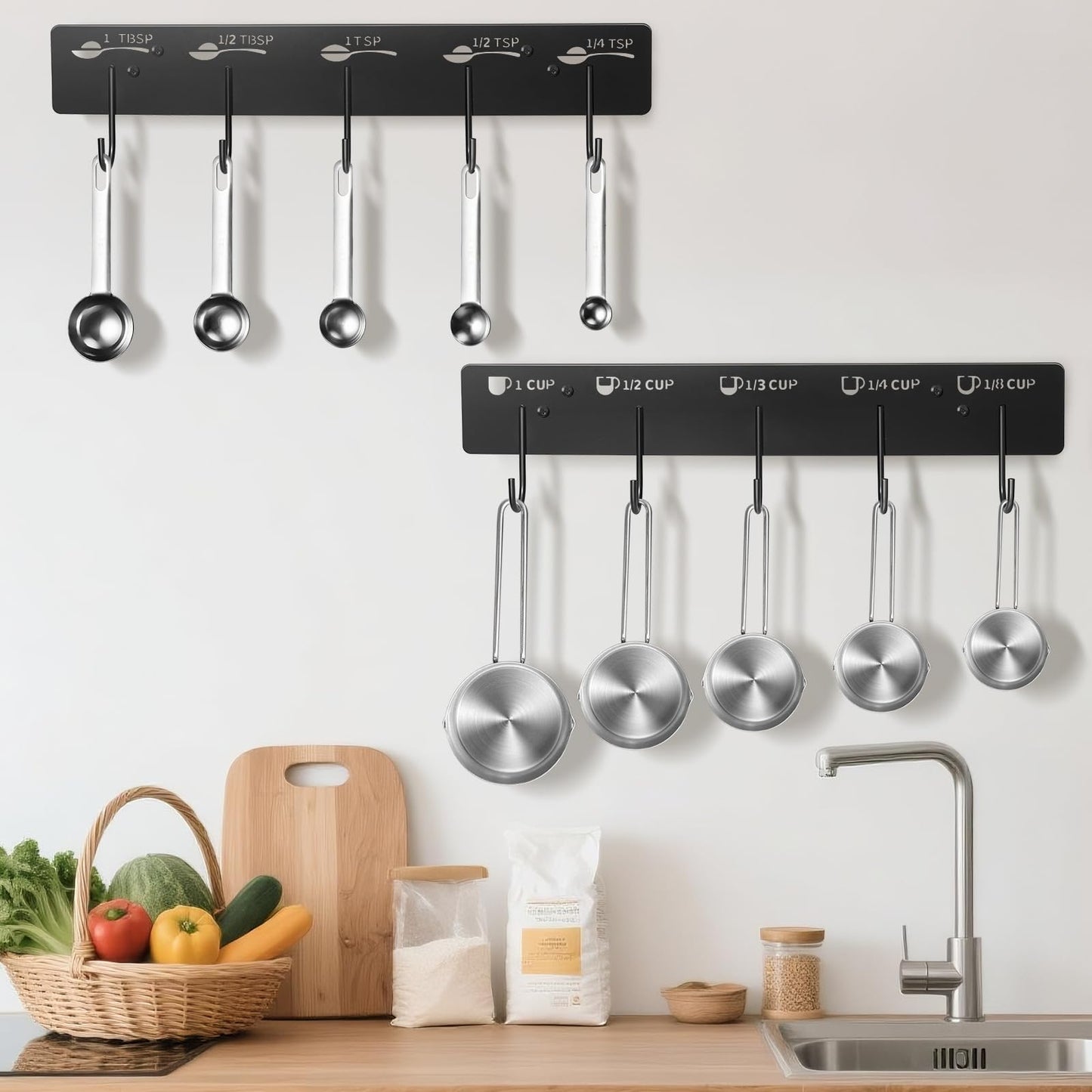 ProtectHobby 2 Pack Measuring Cups and Spoons Hanging Rack, Black Hanging Cups and Spoons Rack, Space Saving Kitchen Utensil Holder, Including Screw and Adhesive Mounting