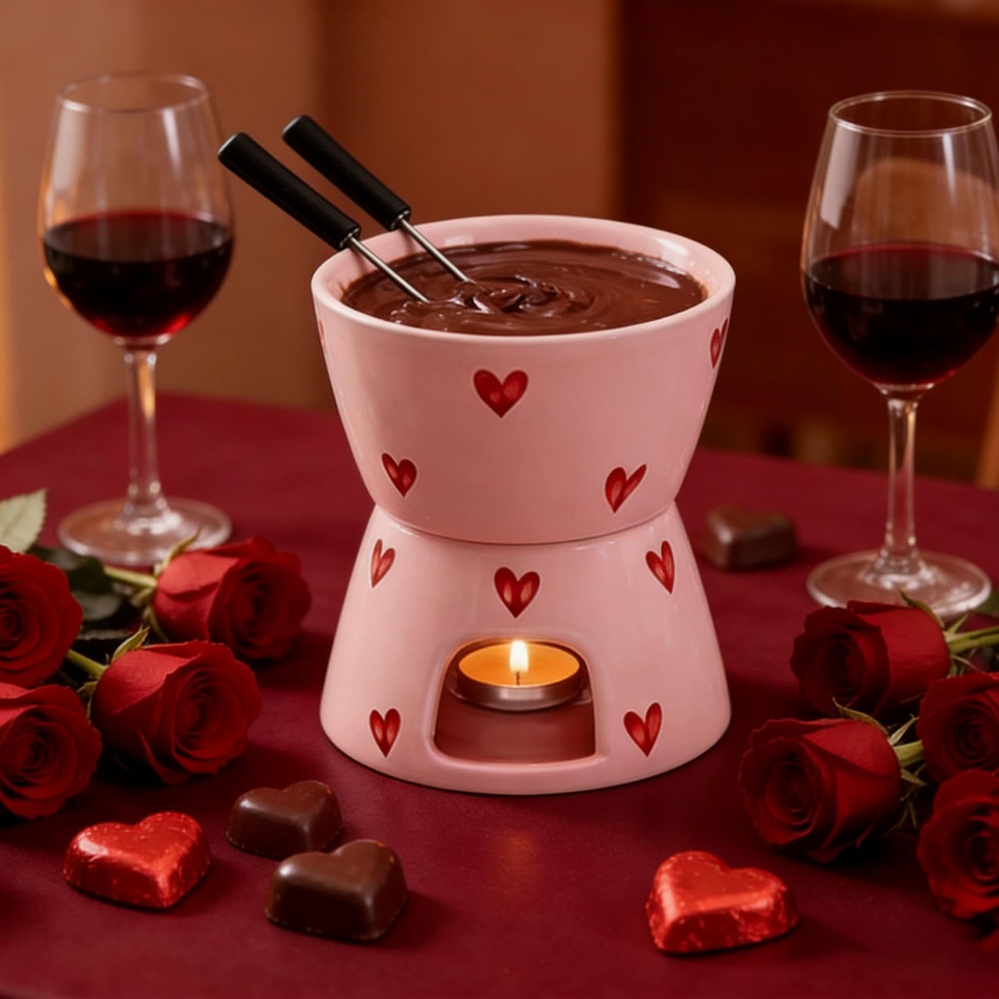 YumiPLUS Sweet Cheese Fondue Cup with 2 Dipping Forks, Ceramic Chocolate Melting Cup Set, Individual Fondue Mug for Dessert, Small Chocolate Melter for Dating/Anniversary/Gift/Valentine (Pink)