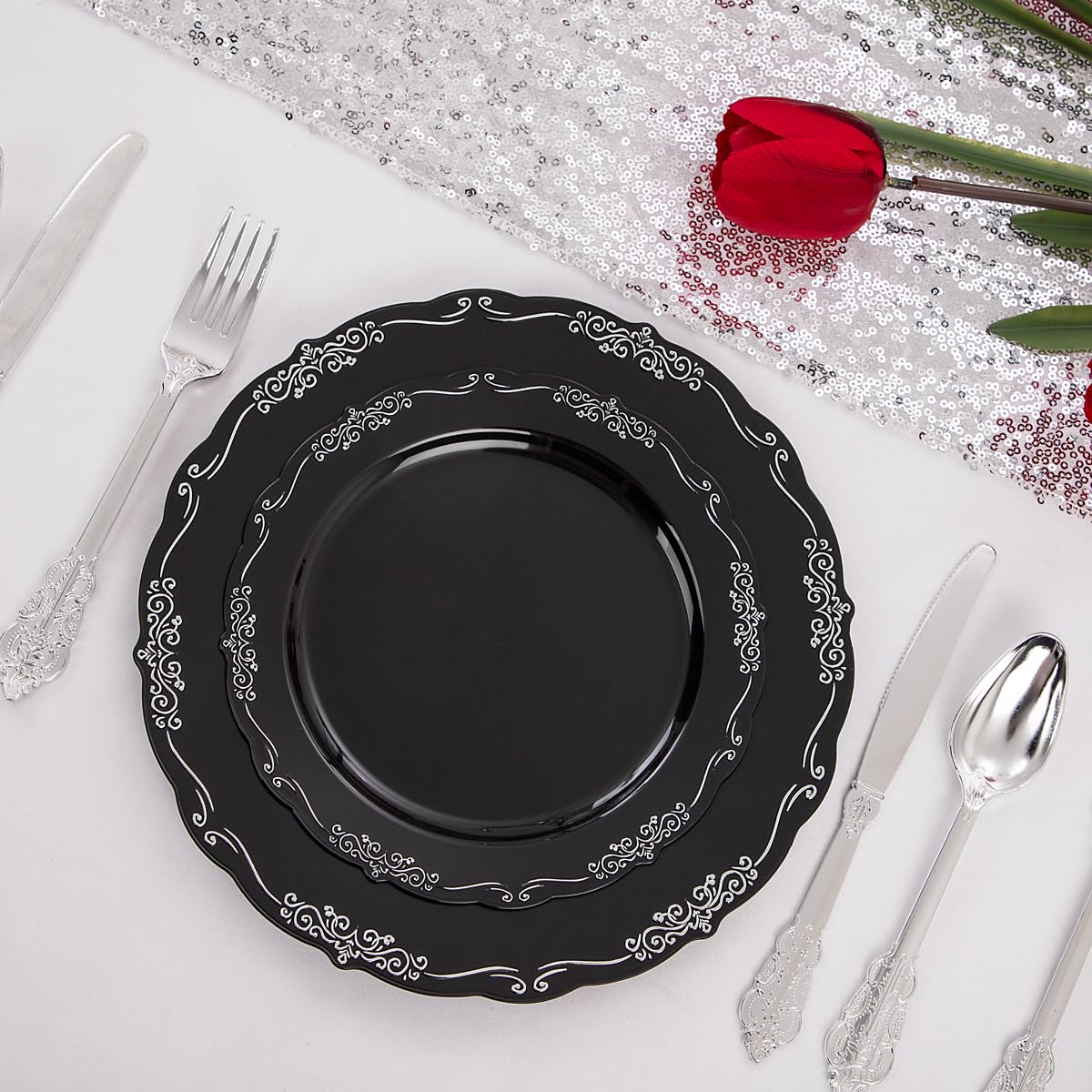 DaYammi 150 Pcs Black Silver Plastic Plates & Silver Plastic Silverware,Black silver Disposable plates for Include 30 Dinner Plate,30 Dessert Plate,30 Knives,30 Forks,30 Spoons for Party Wedding