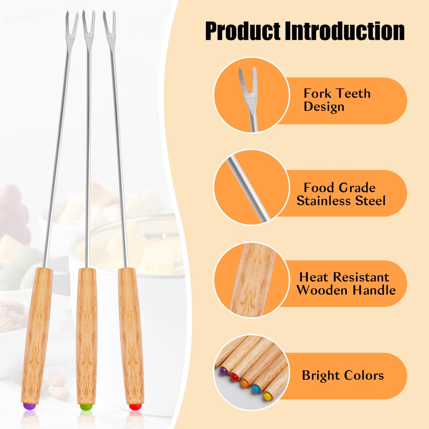 Blcculi 24 PCS Stainless Steel Fondue Forks,9.4 Inch Fondue Sticks,6 Color Coding Cheese Fondue Forks with Heat Resistant Handle,for Chocolate Fountain,Roast Meat,Cheese Fondue,Dessert Fruits