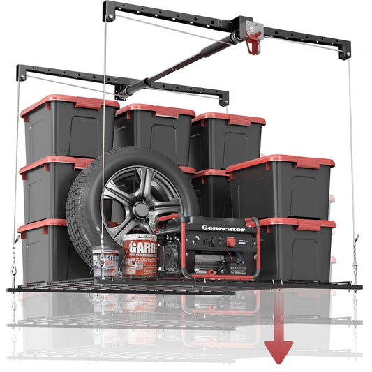 Overhead Garage Storage Rack for 8-10 FT Ceiling, 4x4 FT Ceiling Storage Racks with Safety Lock, Ideal for Garage Storage Mounted Lift System and Storage Organizer, 250lbs Capacity