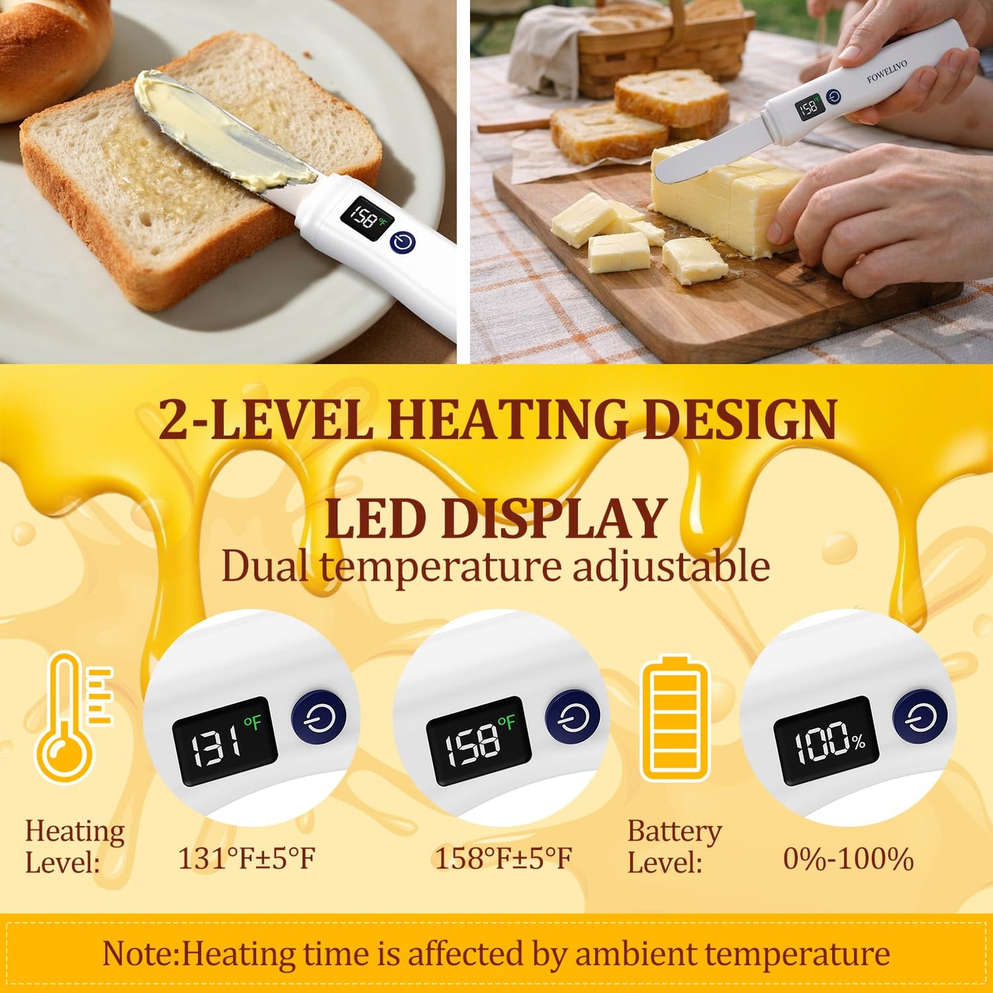 Heated Butter Knife Spreader – Stainless Steel, IP68 Waterproof, Rechargeable with Smart Temp Display | For Hard & Cold Butter, Cream Cheese & Jam – Perfect for Kitchen, Restaurant, Picnic & Party