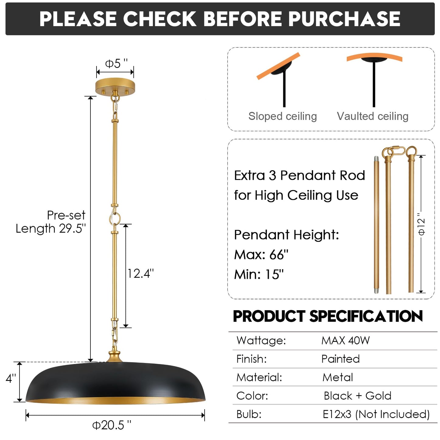 Large Pendant Light 20in Black and Gold Dome Pendant Lights 3 Light Socket Pendant Light Fixture with Adjustable Pendant Lighting for Kitchen Island Dining Room Kitchen Sink, E12