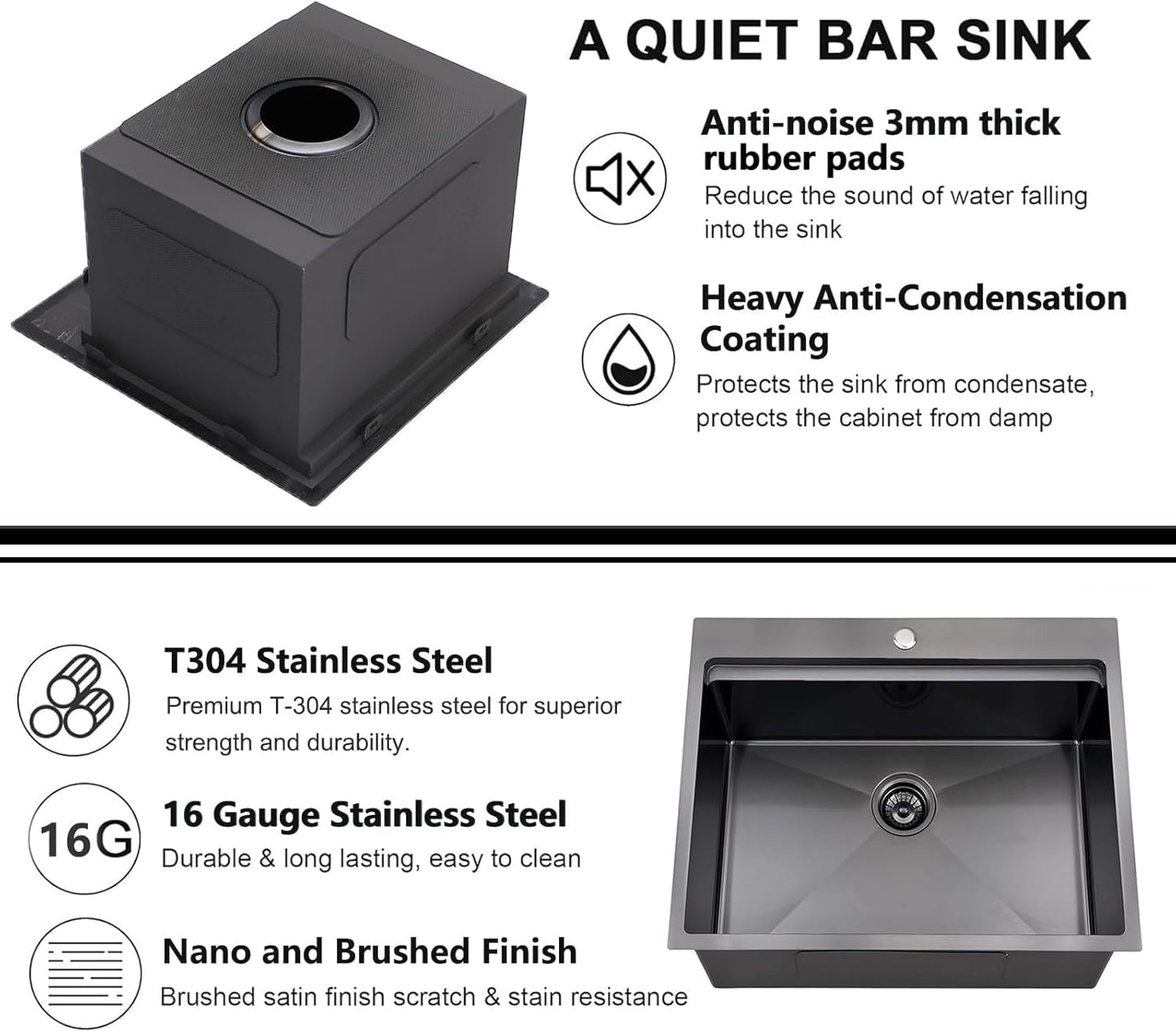 IKEBANA 21x20 inch Black Kitchen Sink, 21 inch Drop in Bar Sink, Stainless Steel 16 Gauge Small Topmount Workstation Sinks, Single Bowl Kitchen Sinks for Prep Rv Laundry Wet Bar With Accessories