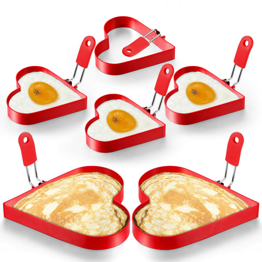 Patelai 6 Pcs Heart Pancake Mold Fried Hearts Shape Fried Egg Ring Set Stainless Steel Pancake Molds with Silicone Handle for Mothers Day Gift Breakfast Omelette Sandwich(Heart Style,4 Inch, 6 Inch)