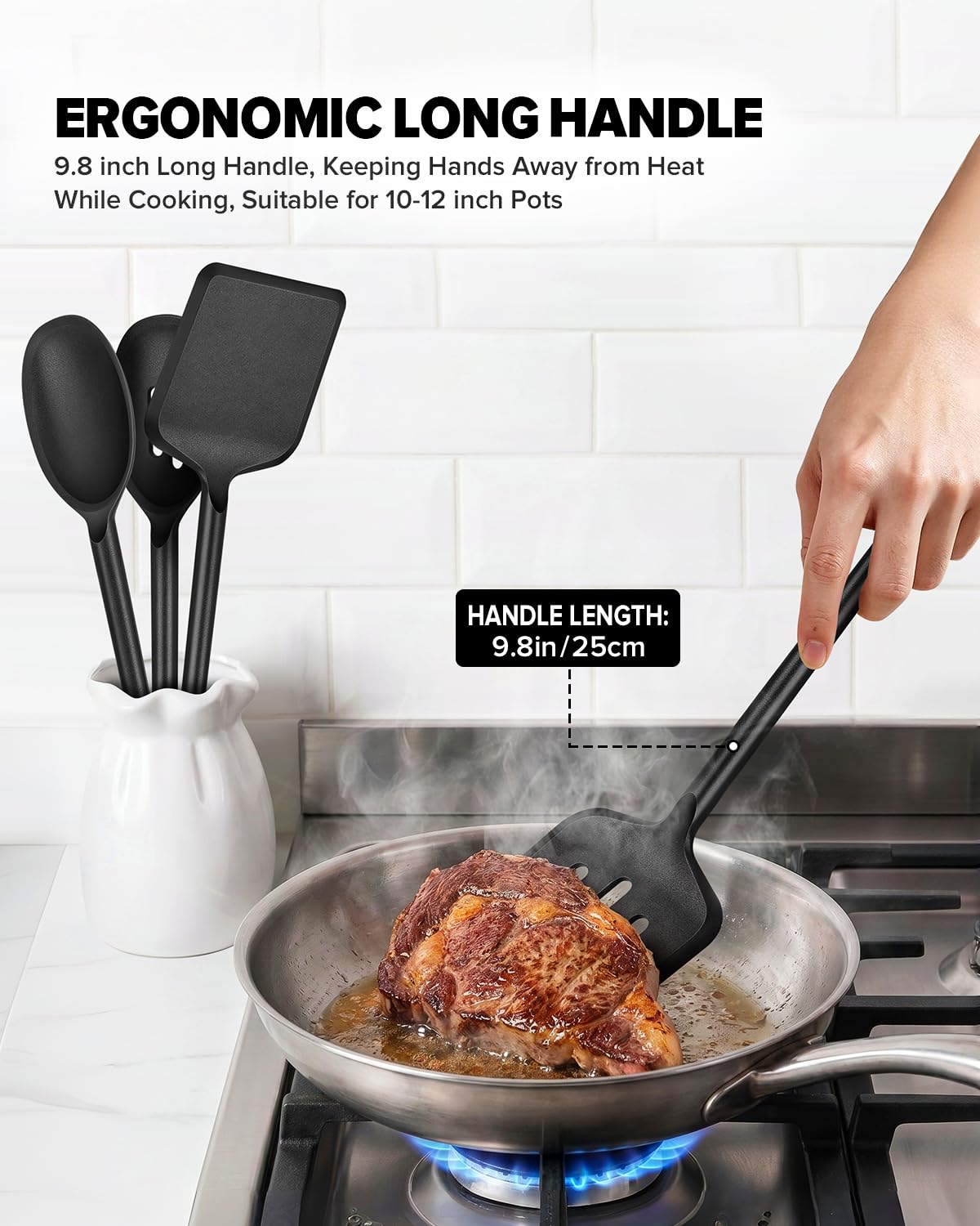 Silicone Cooking Utensils Set, Heat Resistant Non-Stick Long Handle Silicone Spatulas Turner & Spoons Set, BPA-Free Solid & Slotted Kitchen Tools for Frying, Stirring & Serving (4 Pack) (BLACK)