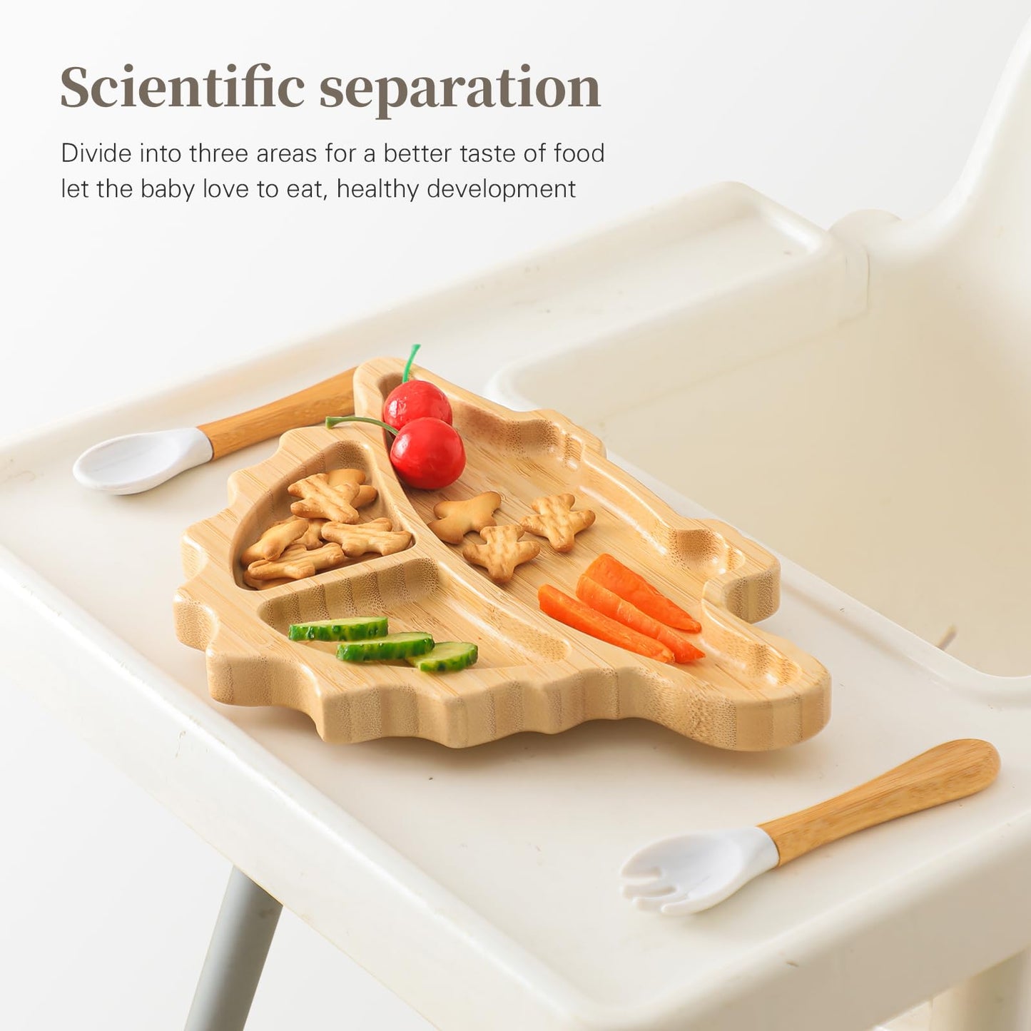 HBM Bamboo Baby Plate Set with Suction - Dinosaur Divided Toddler Dishes with Matching Fork & Spoon | Natural Wood Stay-Put Feeding Set for Infants & Kids (Marble Texture Not Stains)