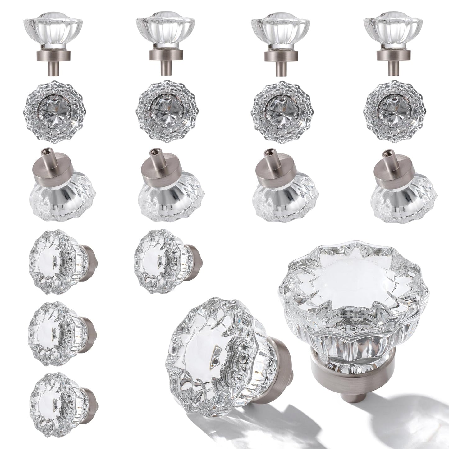 CEYMIO Crystal Cabinet Knobs 16 Pack Clear Glass Pulls for Kitchen Bedroom Bathroom Living Room Furniture, Brushed Nickel Silver Base Old Style Cabinets Closet Dresser Drawers Cupboard Accessories