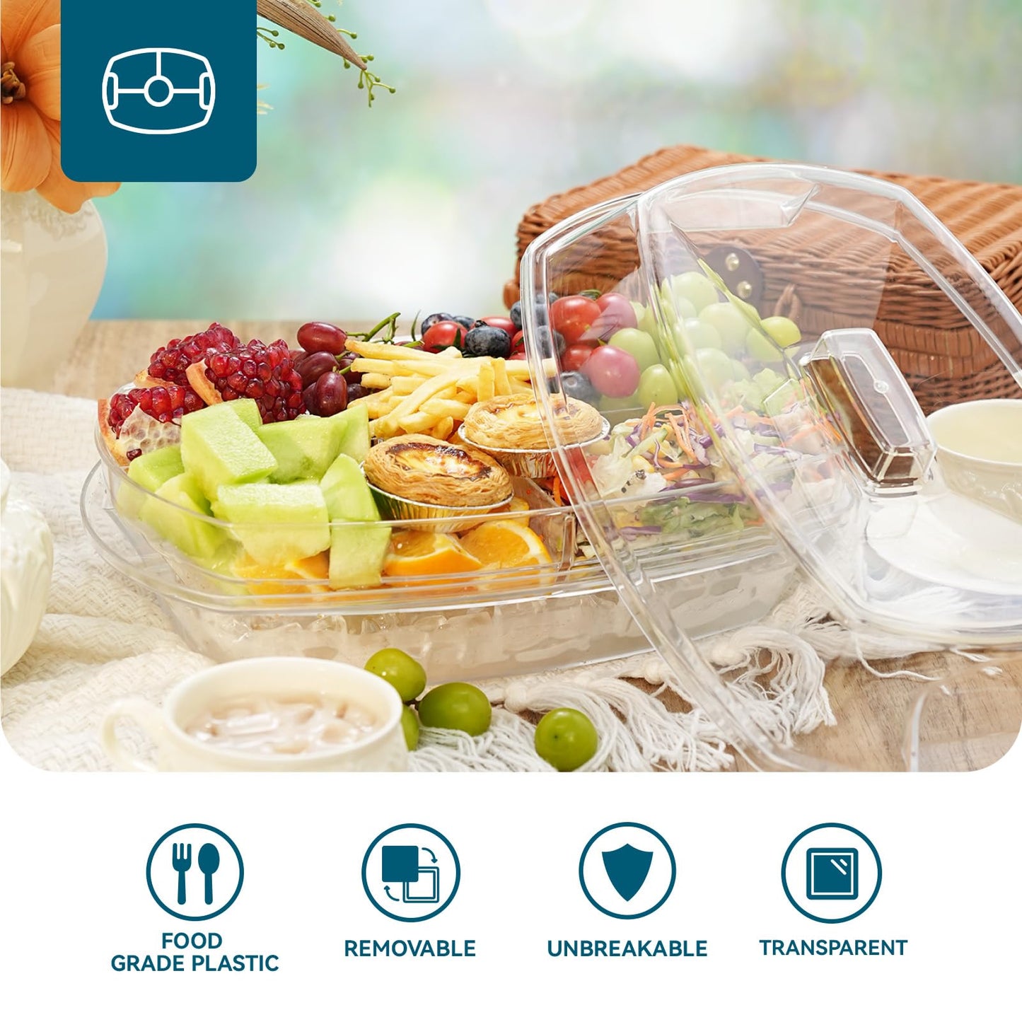 Luckore Chilled Ice Serving Tray, 15.1" Ice Chilled Party Platter, 3 Layers Veggie Platter with Lid, Stackable Appetizer Party with 4 Compartments for Shrimp, Fruits, Veggies