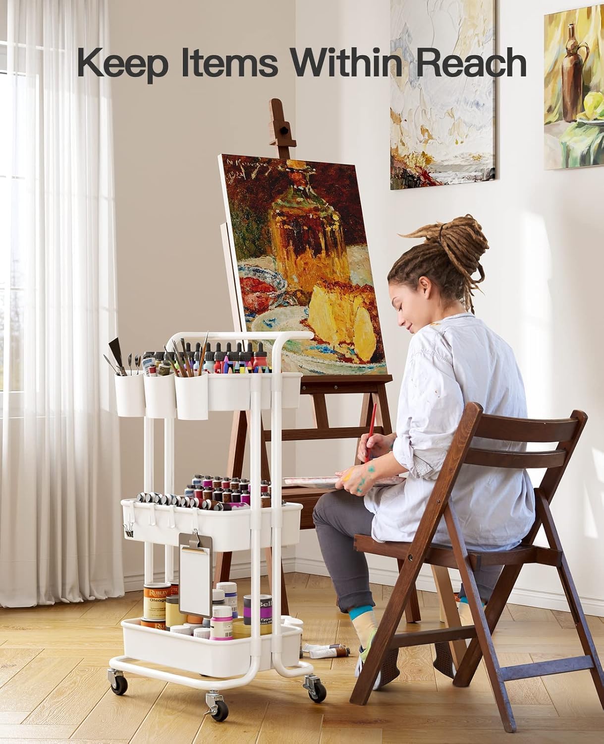 Pipishell 3 Tier Rolling Cart - Art & Craft Organizer Cart with Hanging Cups & Hooks - White Metal Storage Carts with Wheels Perfect for Craft Room, Office, Kitchen, Bedroom, Bathroom, Laundry Room