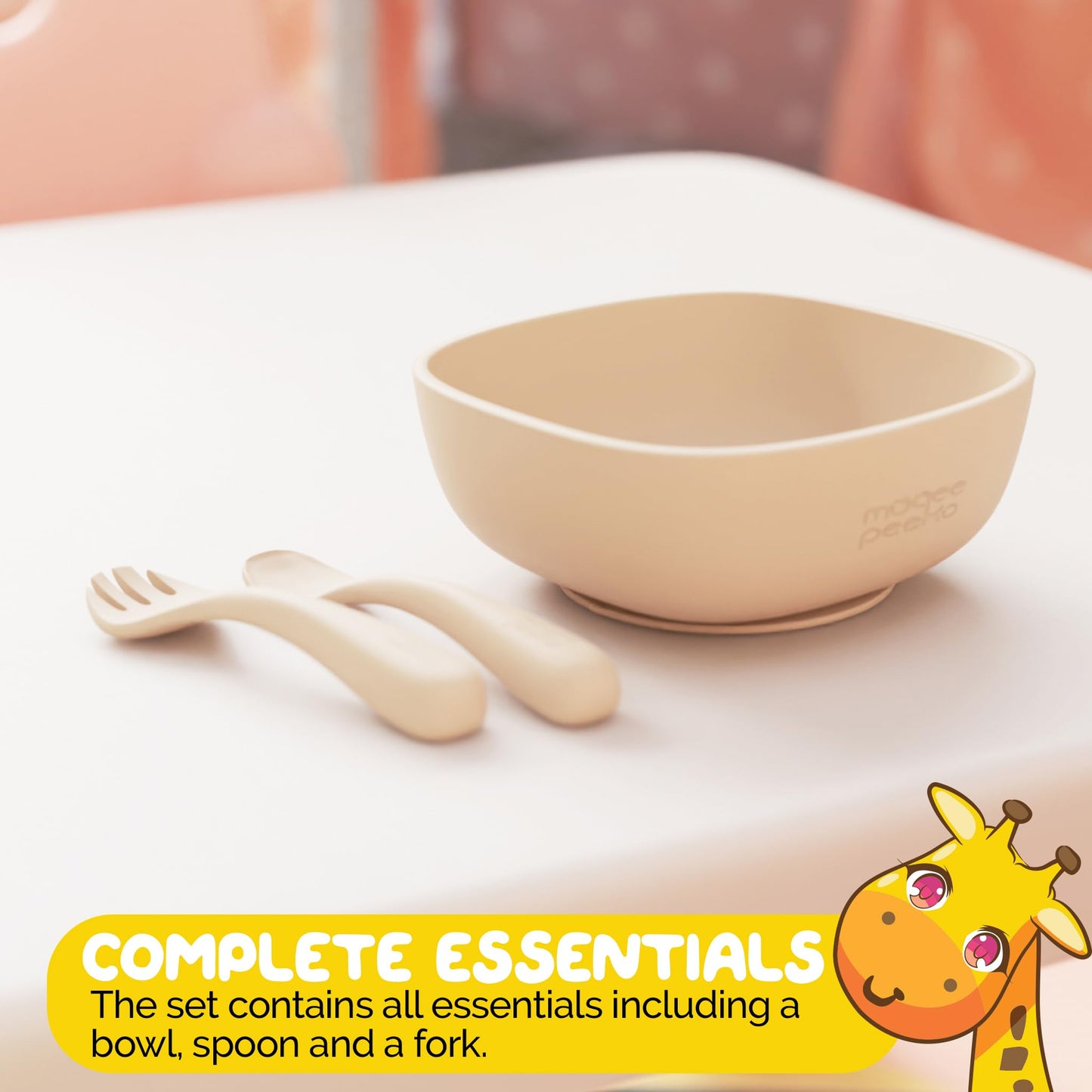 Muqee Peeko Silicone Baby Feeding Set with suction bowls for baby baby utensils 6-12 months in Beige color - (3 Piece Set) made with Baby Safe Silicone bowls for baby