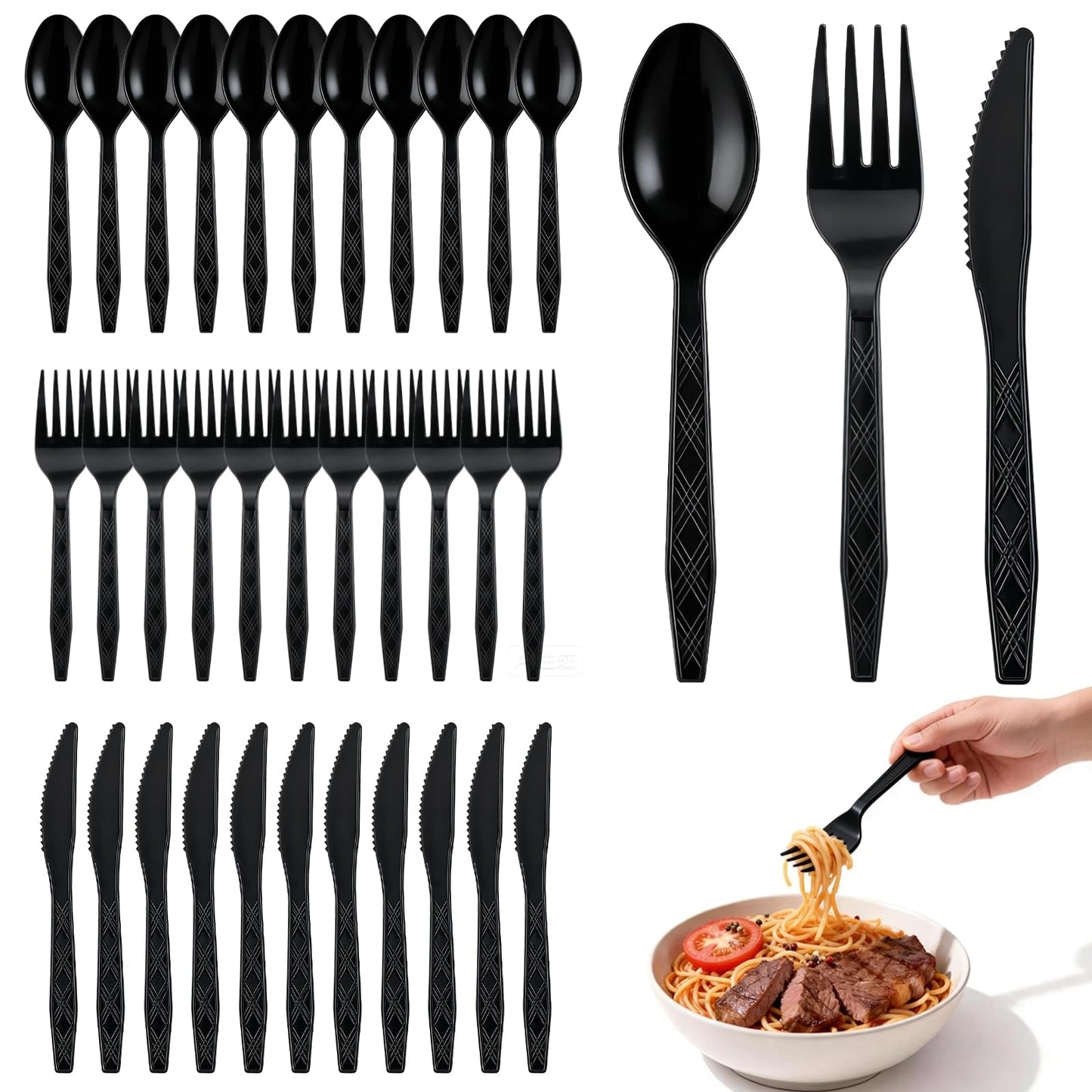 Dualshine 360-Pack Black Plastic Silverware, Disposable Cutlery Set, Plastic Forks and Spoons Knives Utensils Set (120 Each) for Restaurants, Picnics, Catering, Parties, Weddings