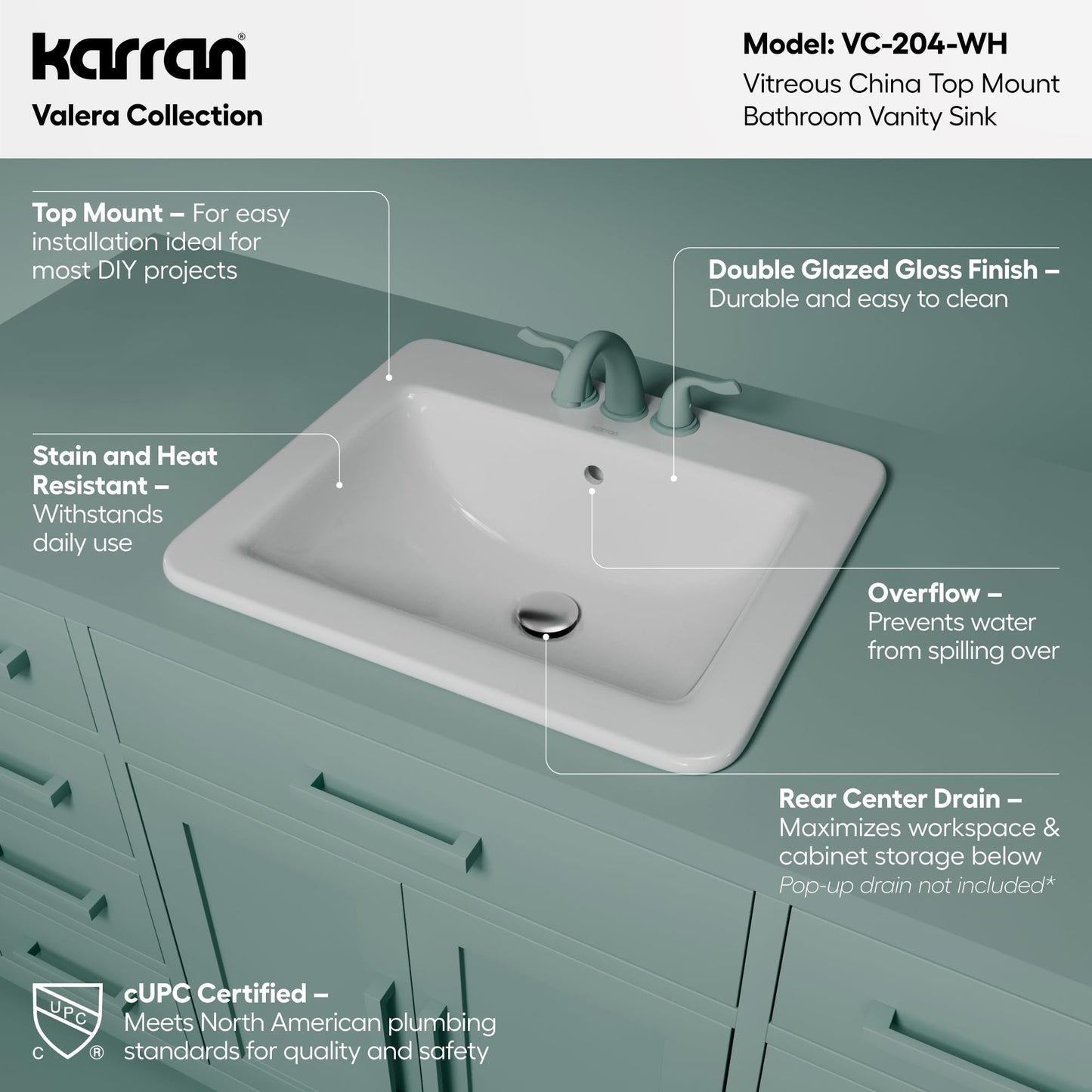Karran Valera 21" Rectangle Top Mount Bathroom Sink in White – Vitreous China Vanity Bowl – Rear-Center Drain, Overflow, Gloss Finish – Inside Bowl 16.5" x 11.25" x 5.5" – VC-204-WH