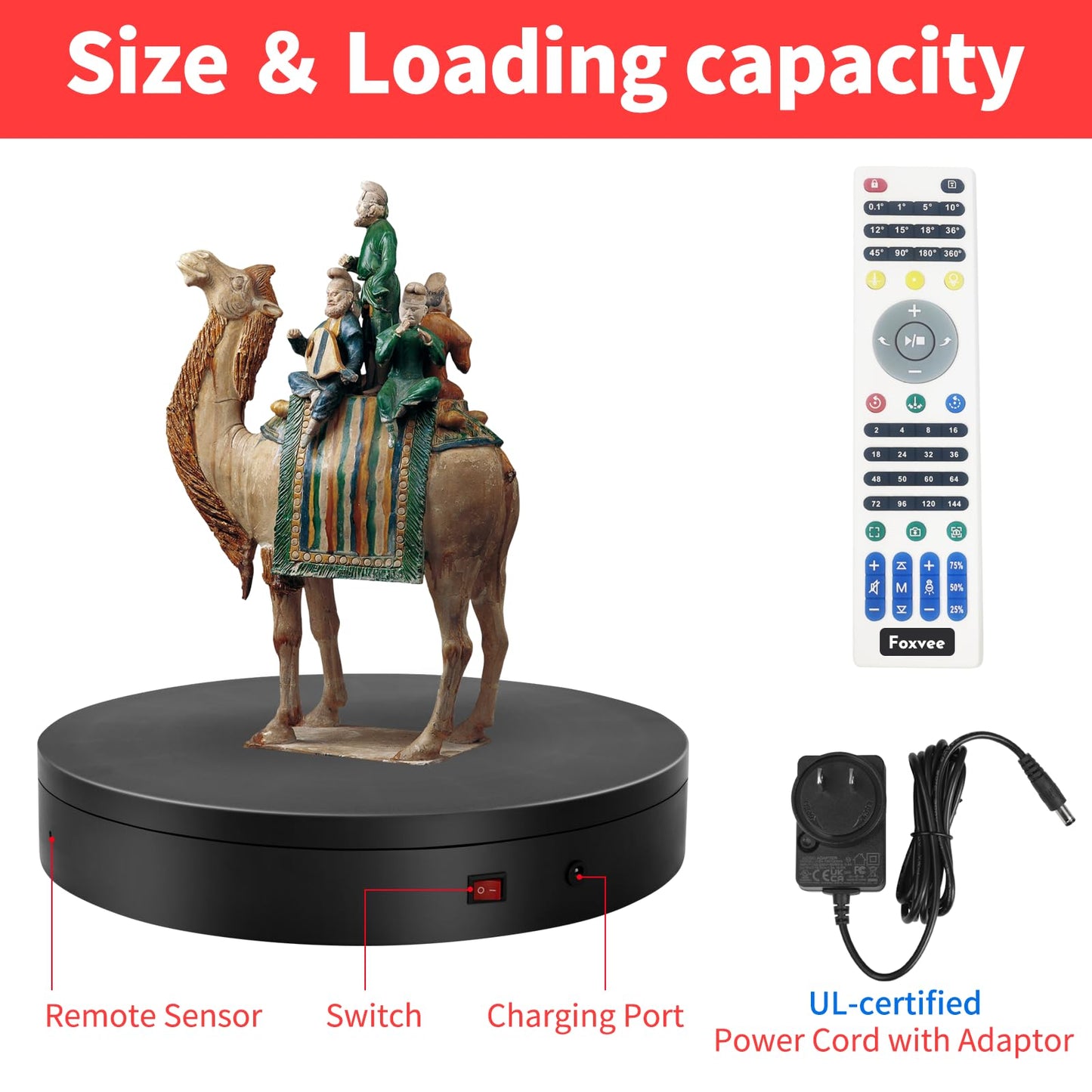 Foxvee Remote-Controlled Motorized Turntable,Motorized Rotating Display Stand,Speed-Adjustable Rotating Platform,Multi-Mode 360° Photography Turntable for 3D Scan,Photography,Showcase(13.8in/Black)