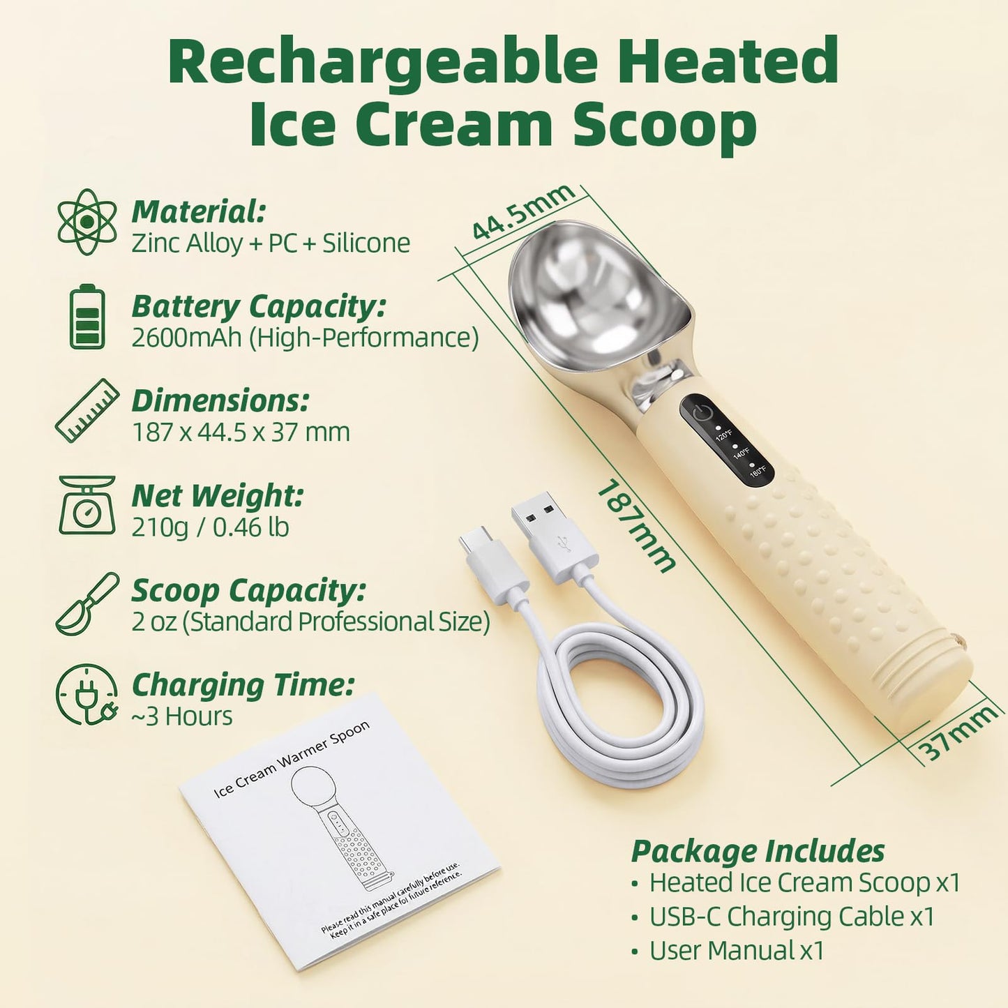Heated Ice Cream Scoop: Rechargeable Electric Scooper with 3 Temperature Settings - 120/140/160 °F, LED Display & 2600 mAh Capacity for Hardened Gelato and Frozen Treats