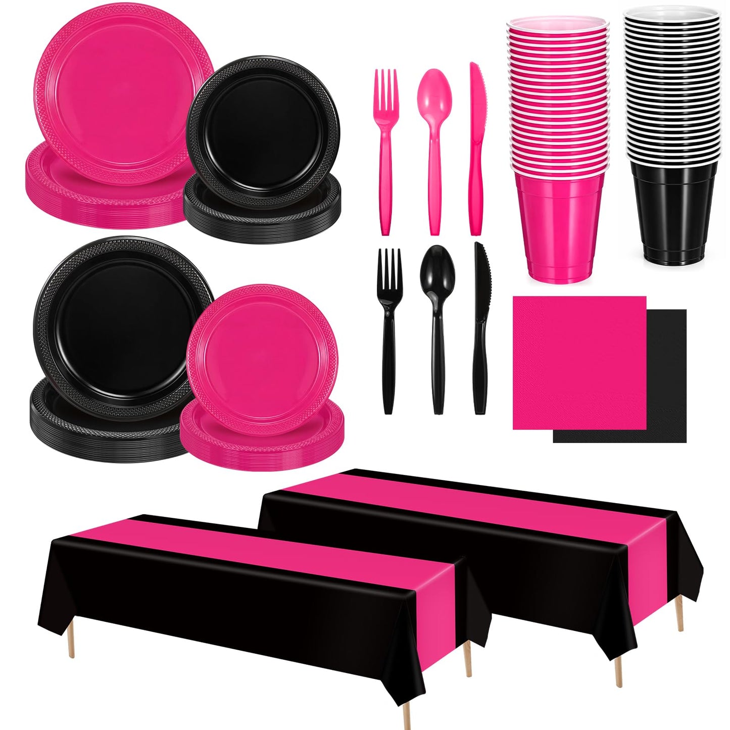 Uiifan 194 Pcs Plastic Plates Party Set Disposable Tableware Set for 24 Guests with Plastic Plates Spoons Forks Knives Cups tablecloth Napkins for Graduation Birthday Wedding Party(Hot Pink,Black)