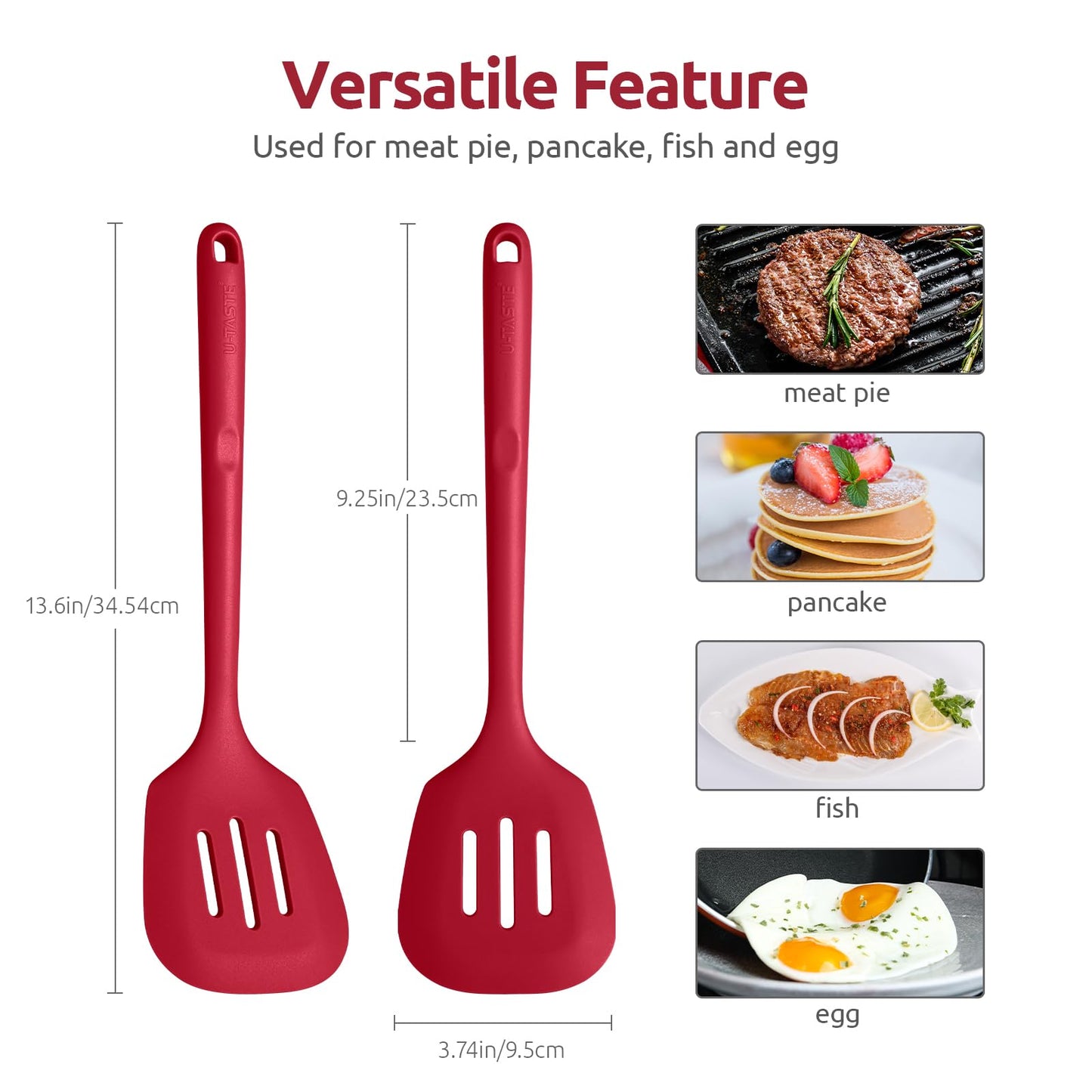 600ºF Heat Resistant Slotted Turner: U-Taste 13.6in Silicone Kitchen Spatula Flipper, 3.74in Wide Food Grade Flexible Thin Rubber Cooking Utensil for Egg, Pancake, Cookie in Nonstick Cookware (Red)