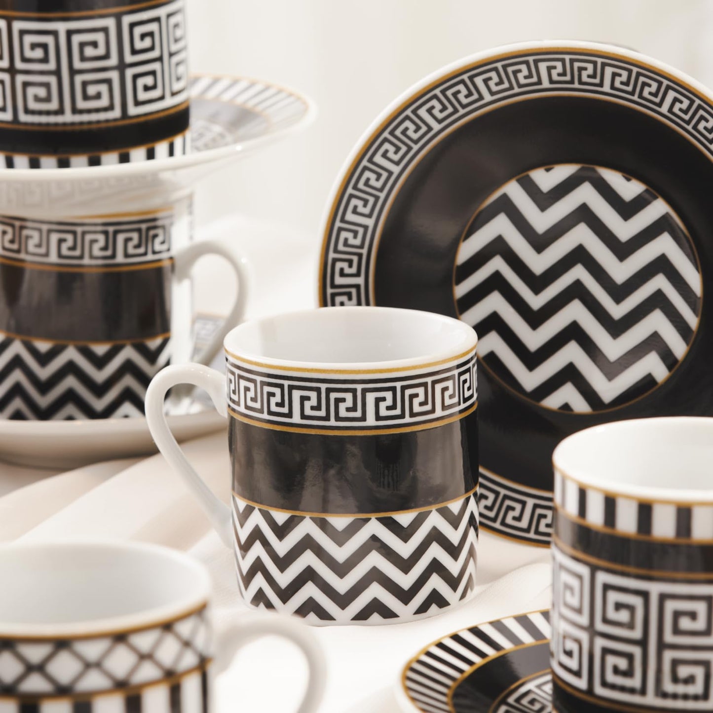 KARACA Helenistic Turkish Coffee Cups Set for 6, 12 Piece Porcelain Espresso Cups with Saucers, 80ML Demitasse Coffee Set, Black, Modern Elegant Design for Home & Gift