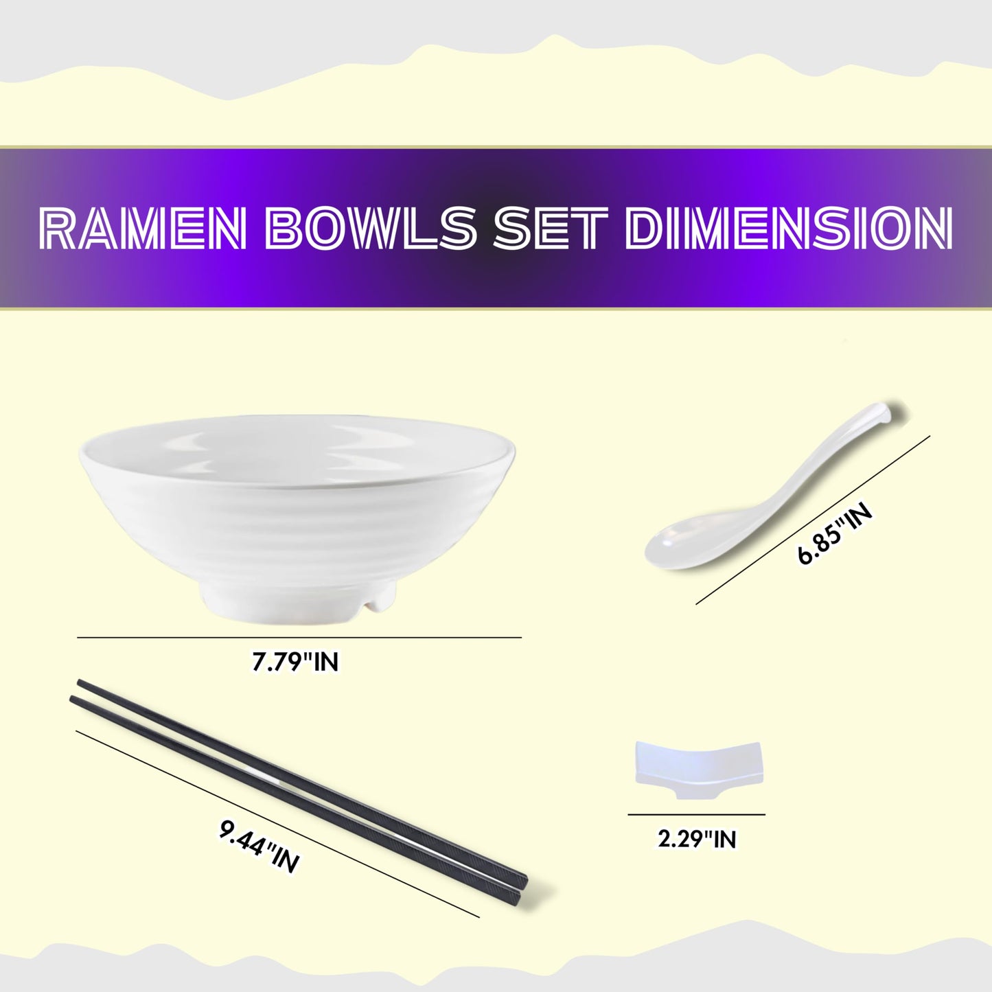 ROHGAN 32oz Japanese Ramen Bowl Set – 20-Piece White Melamine Pho Bowls with Chopsticks, Spoons & Holders – Durable, Dishwasher-Safe Dinnerware for Ramen, Udon & Soups