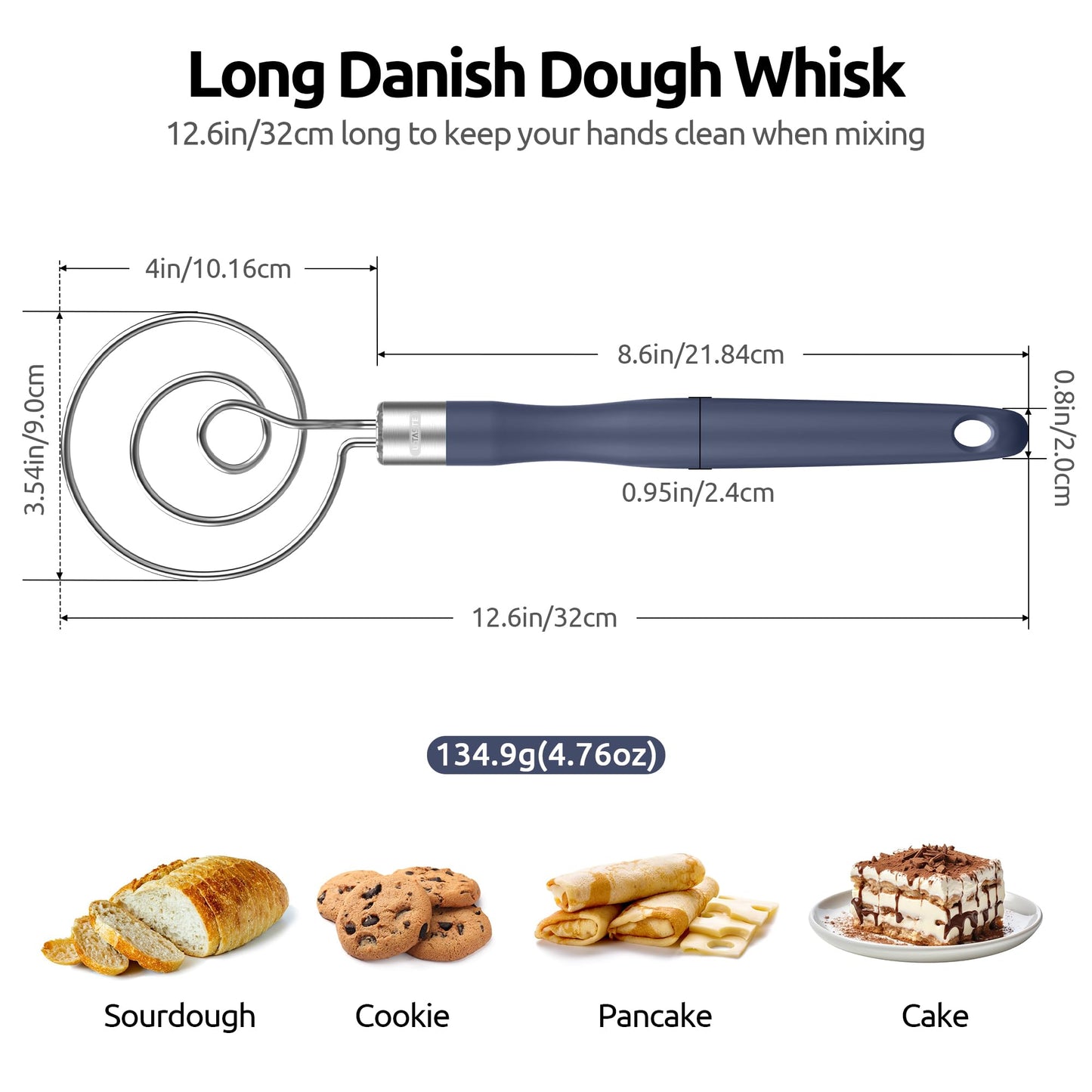 U-Taste 12.6" Danish Dough Whisk: 18/8 Stainless Steel Heavy-Duty Sourdough Mixer Tool, Food Grade Dutch Style Seamless Bread Wisk, Sturdy for Mixing, Stirring, Kneading Thick Batter (Midnight Blue)