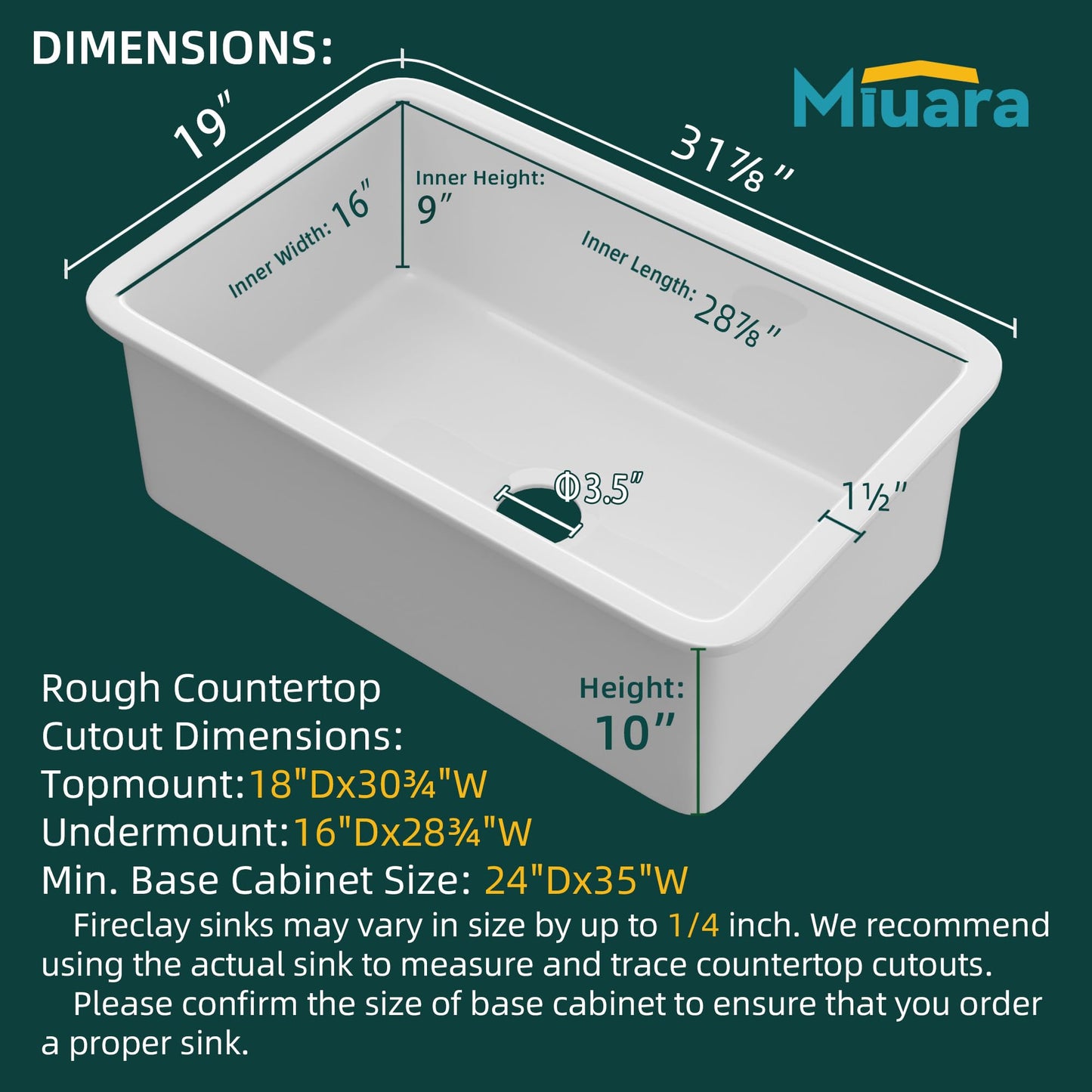 Miuara White Undermount Kitchen Sink 32 Inch - Large Topmount Fireclay Drop In Sink 32"x19"x10", Dual Mount Heavy Duty Deep Single Bowl, with 2 Custom Accessories, Glossy White, for Kitchen