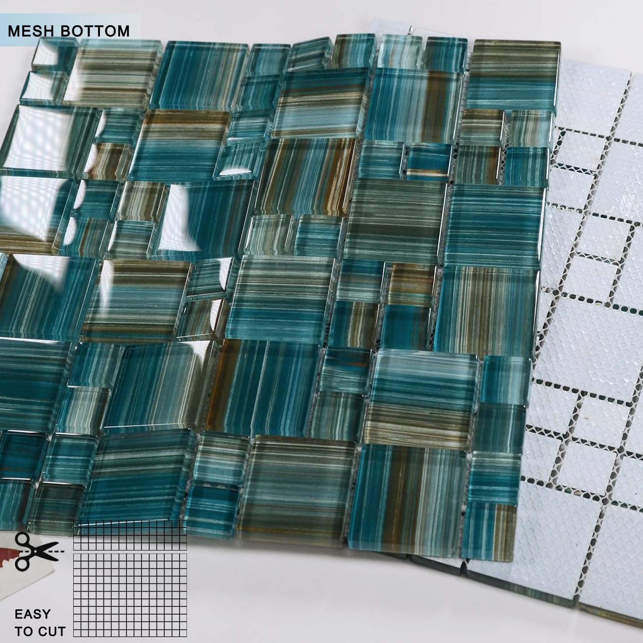 VividCraftX 4 Sq.Ft Premium 6mm Glass Mosaic Pool Tile, Dual-Size Square Pattern for Shower & Kitchen Backsplash, Waterproof for Spa & Waterline (Aegean Coastal Mix)