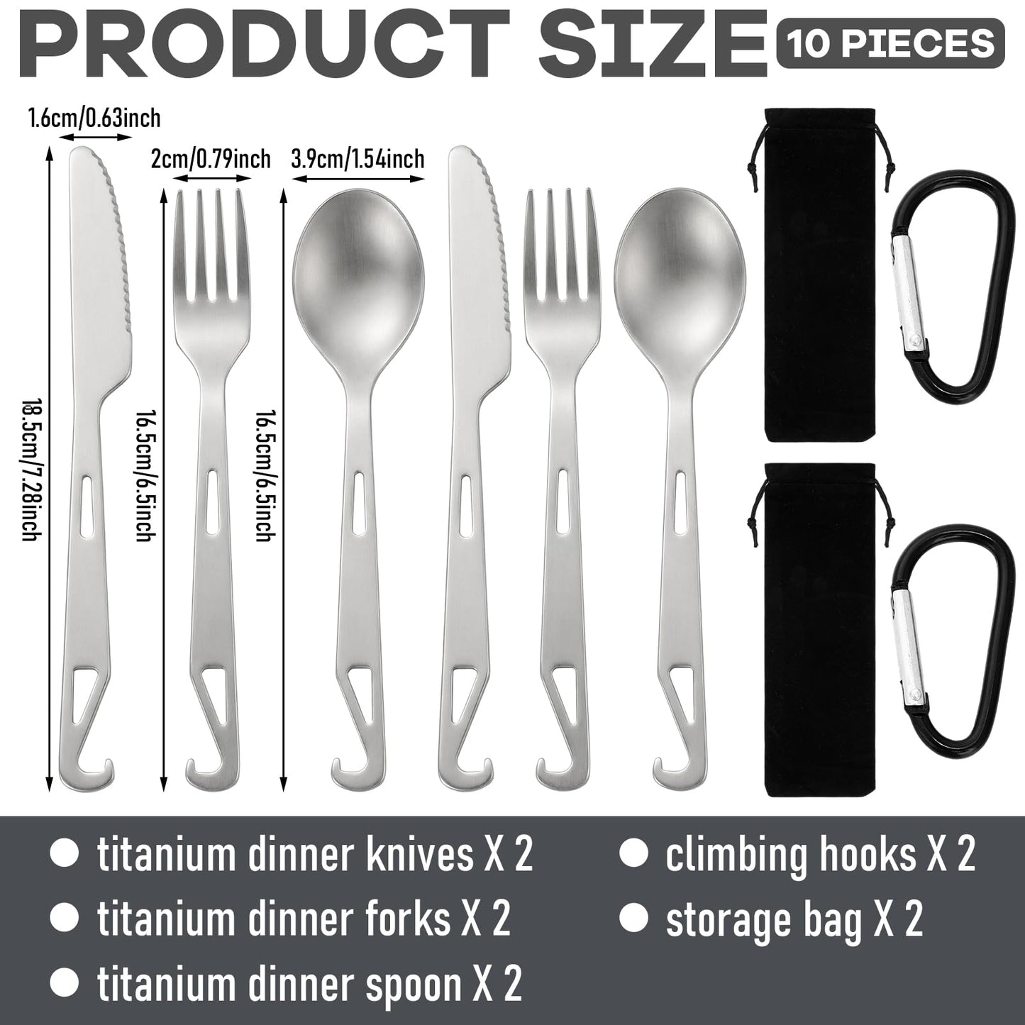 Hushee 6 Pcs Titanium Flatware Knife Fork Spoon Set Ultralight Camping Spoon Fork Backpacking Camping Utensil Cutlery Set with Storage Bag for Outdoor Hiking Travel Cooking Picnic