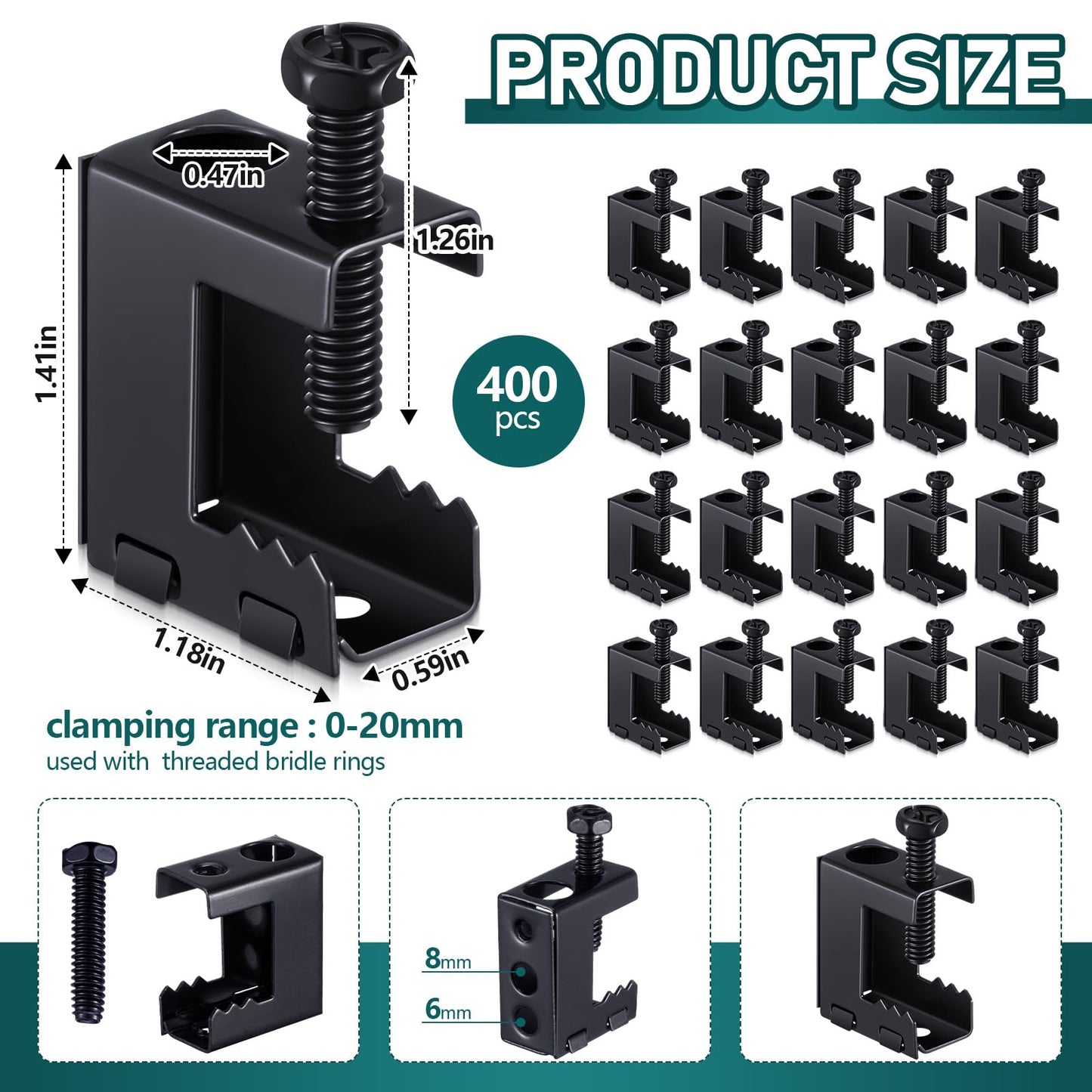 Tandefio 400 Pcs 1/4"-20 Spring Steel Beam Clamps Metal Beam Hangers Bolt on Clamp for Installation on Beams 1/4" and 3/8" Threaded Rod, S Hooks Bridle Rings for Pipe Cable Woodworking Tool (Black)