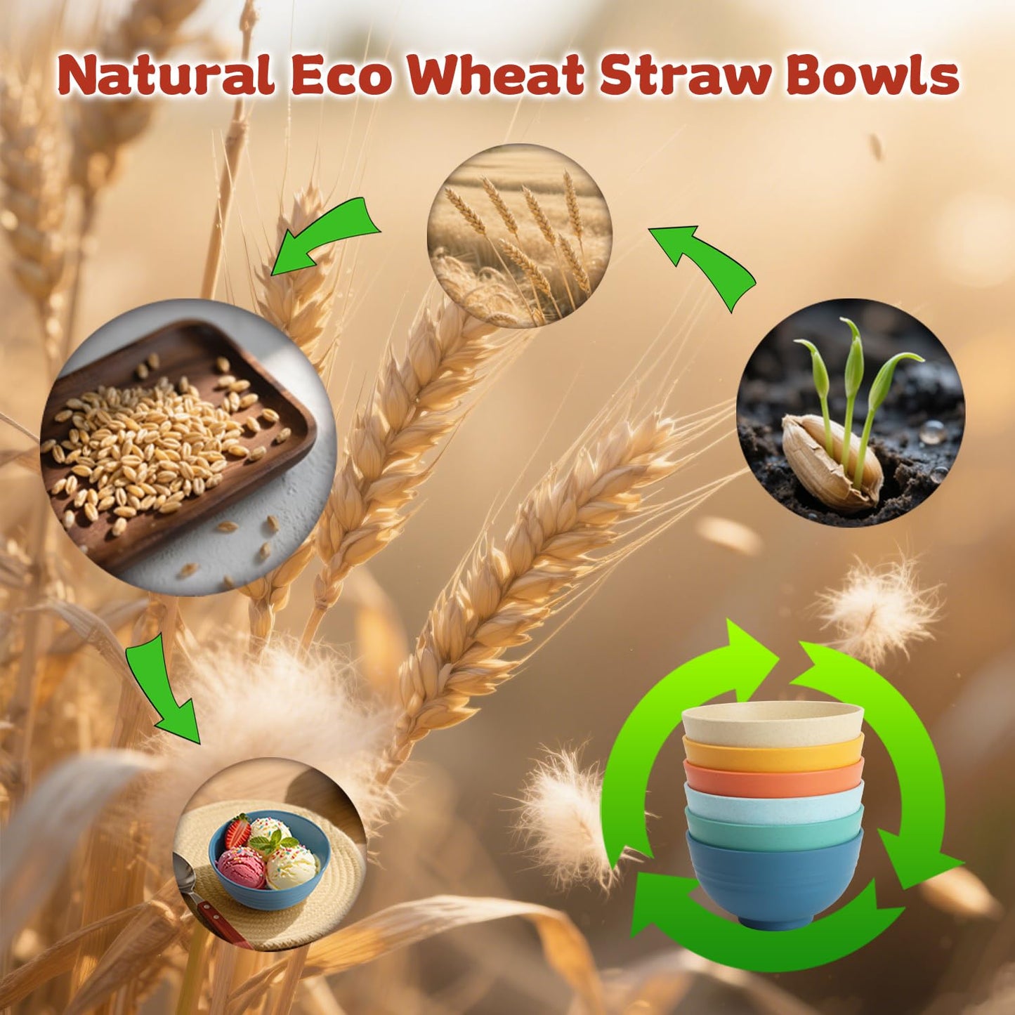 Wrova Handy Wheat Straw Bowls Set of 6,Unbreakable Ice-Cream Bowls Sets for Kids,10oz Small Dessert Bowls for Kitchen,Camping and RV.Vibrant Series
