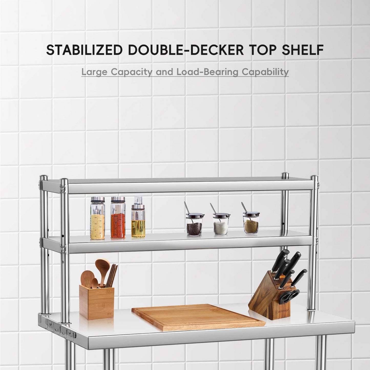 GarveeTech Stainless Steel Table with Overshelves, 30 in X 24 in Commercial Work Tables with 30 in X 12 in Shelf, Metal Kitchen Prep Table_ Shelving Combo