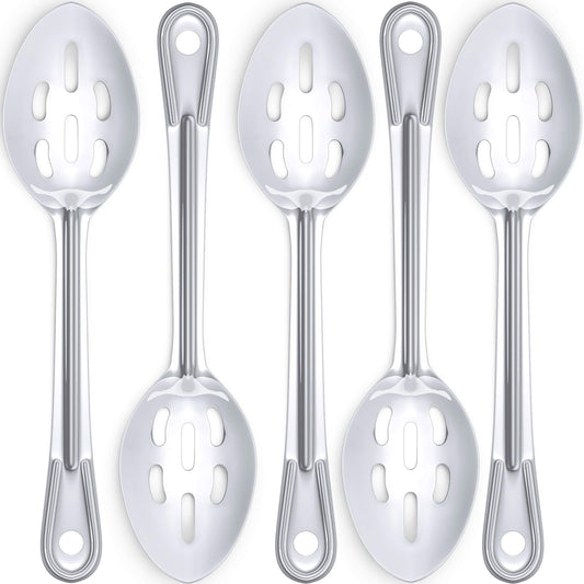 Super Strong, Ergonomic 11 in Serving Spoon 5 Pk. Big, Slotted Stainless Steel Spoons for Cooking, Baking and Basting. Best Kitchen Flatware for Buffet and Banquet Service in Restaurants and Homes