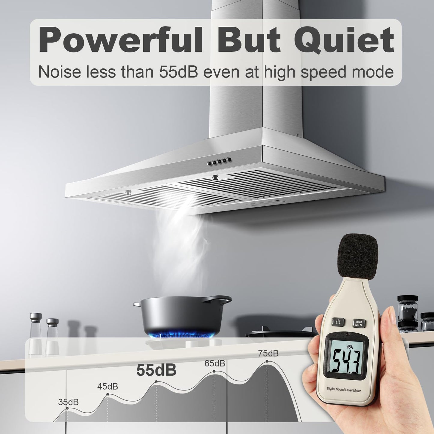 Zomagas Range Hood 30 inch, Wall Mount Range Hood Ducted/Ductless, Kitchen Hood in Stainless Steel, Vent Hood with Baffle Filters, 3 Speed Fan, Push Button Control, Energy-Saving LED Light