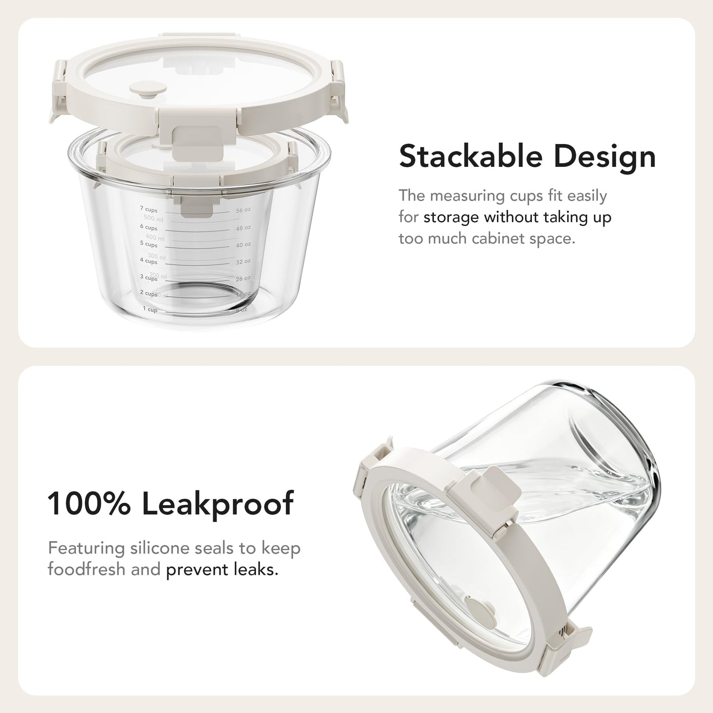 Genicook Glass Measuring Cup with Lid, 2 Pack (24 & 71 oz), BPA Free Borosilicate, Airtight Leakproof, Ideal for Sourdough Starter, Fermentation & Baking, Microwave & Oven Safe