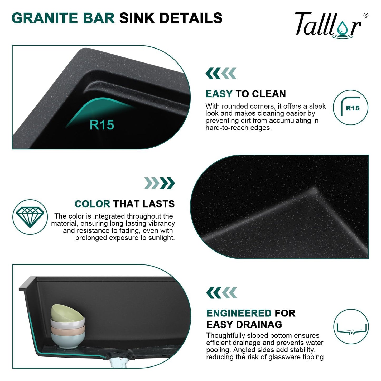 Talllor 21x18 Inch Undermount Bar Sink Workstation - Matte Black Granite Composite Single Bowl Classic Quartz Under Counter Wet Prep Sink for Kitchen Bar, RV, Boat, and Outdoor #TLGU-129