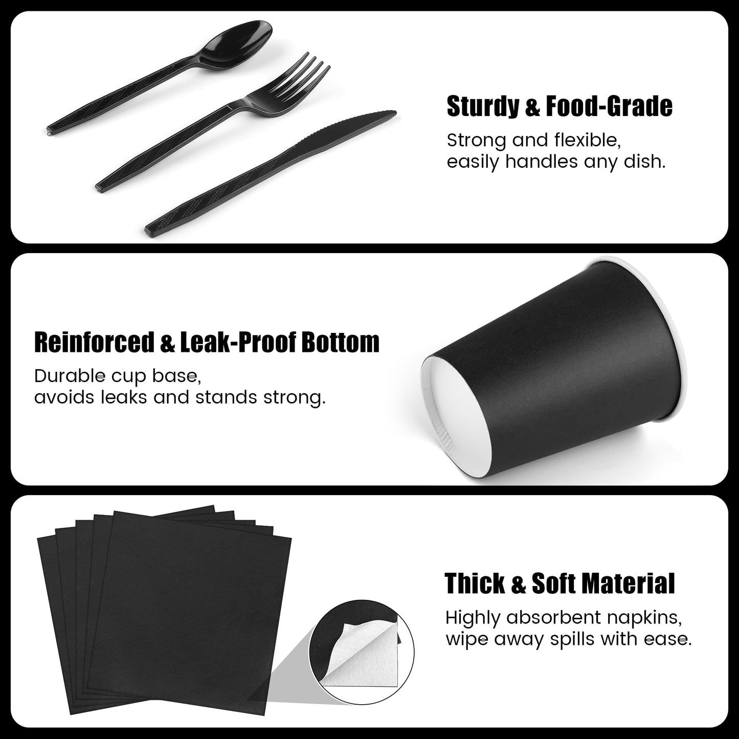 Kochorie 350 Pieces Black Dinnerware Set, 7 & 9 inch Dessert Paper Plates Cups Napkins Plastic Cutlery Disposable Party Supplies for Birthday Baby Shower Wedding, Serve 50 Guests