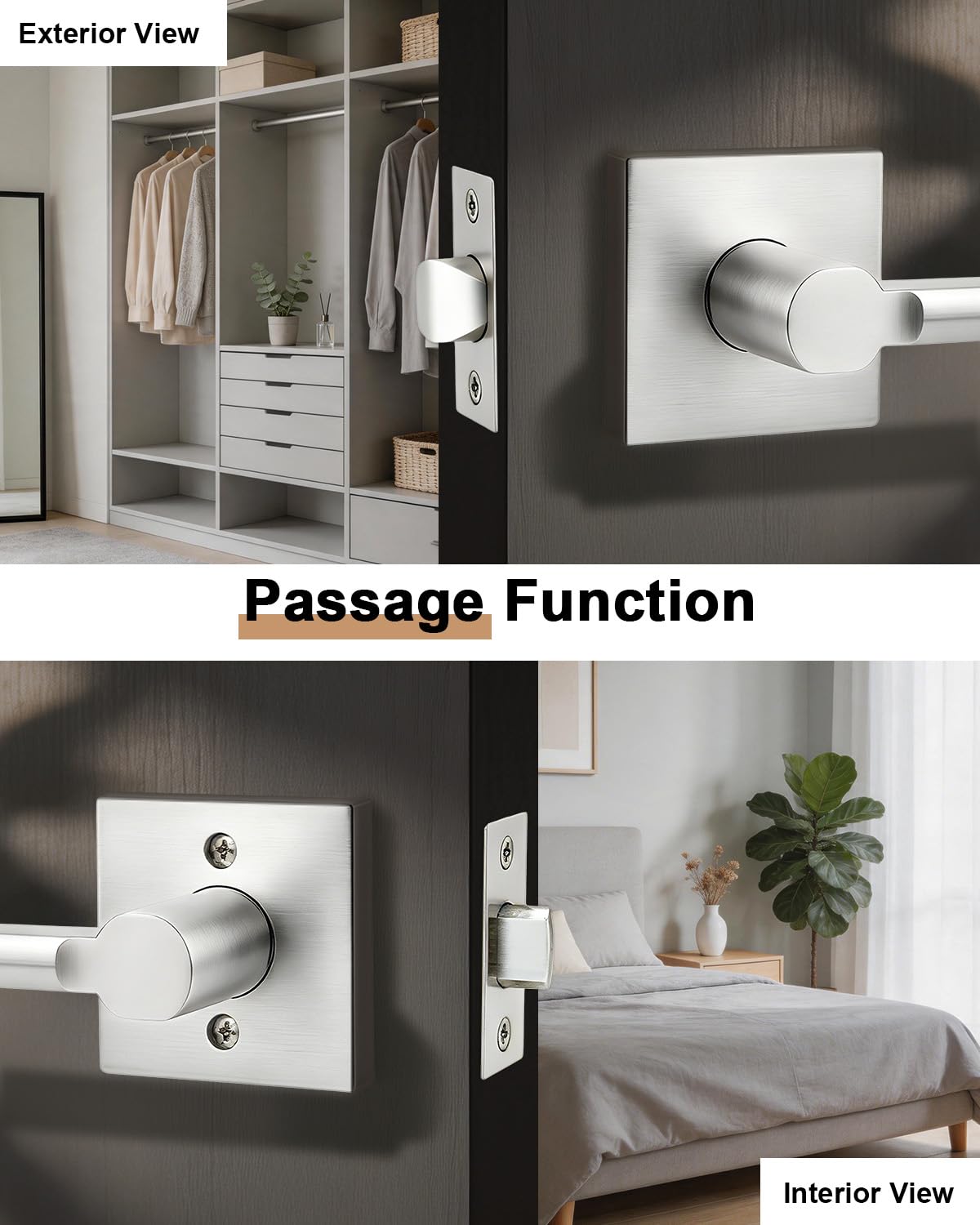 Probrico Brushed Nickel Passage Door Handles, 3 Pack Non-Locking Levers for Closet & Hallway, Modern Reversible Interior Door Hardware