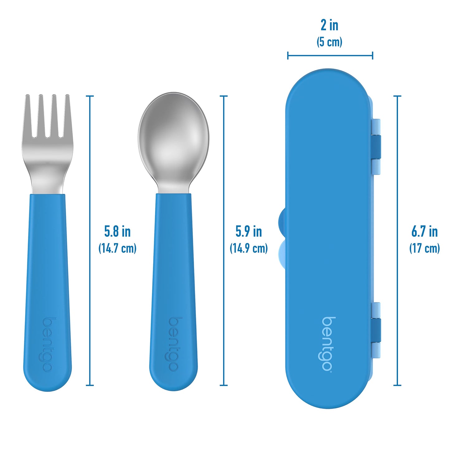 Bentgo Kids Stainless Steel Utensil Set - Reusable Fork, Spoon & Storage Case, PFAS- & BPA-Free, Easy-Grip Handles, Lightweight, Dishwasher Safe, School Lunch, Travel & Outdoors (Blue)