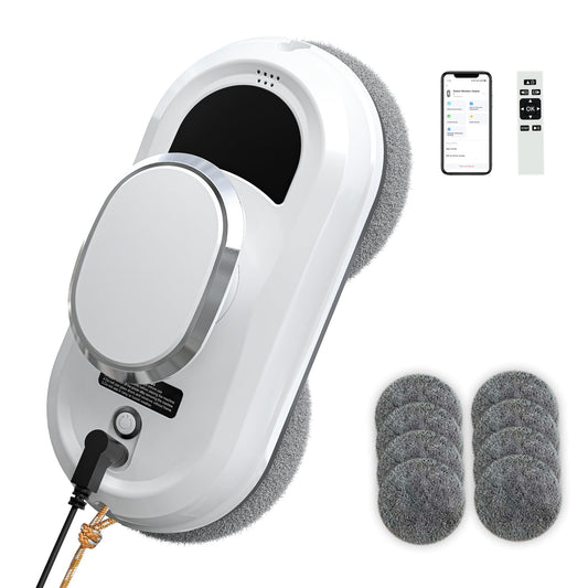 EAEGE Automatic Window Cleaning Robot, Smart Robot Window Cleaner Inside/Outside, 3000Pa Suction, Intelligent Path Planning, Remote Control for high Glass, Shower, Mirror with 10 Rags(White)