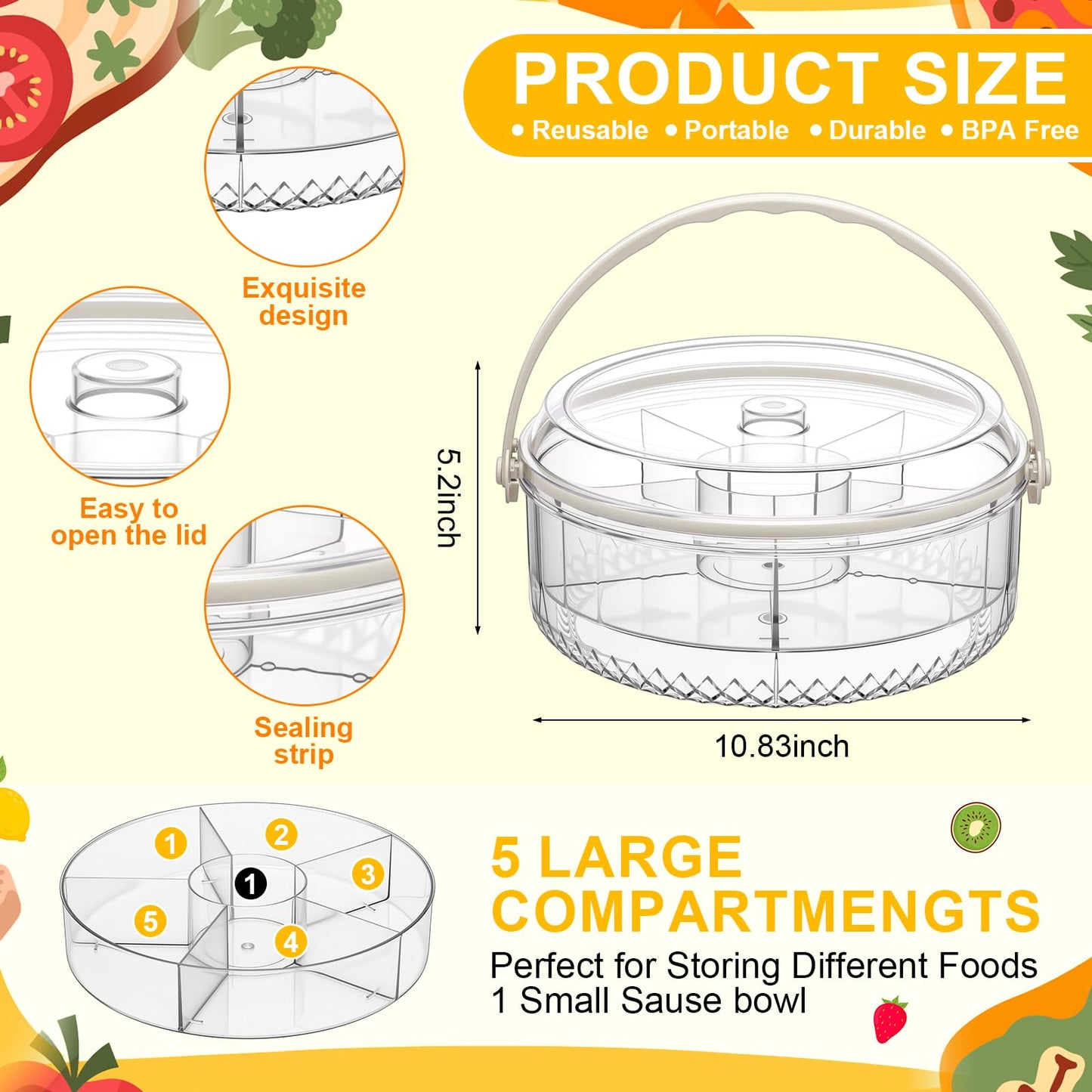 Tiangrid 2 Pack Chilled Serving Tray with Lid Handle, 11" Veggie Fruit Ice Serving Platter with 5 Compartments, Portable Clear Party Tray for Shrimp Cocktail, Outdoor BBQ, Picnic