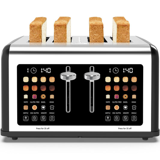 4 Slice Toaster Touch Screen, Stainless Steel Toasters Digital Timer, Dual Control Panel Toasters, 8 Shade Settings 6 Bread Types for Bagel, Cancel, Defrost 1650W Black