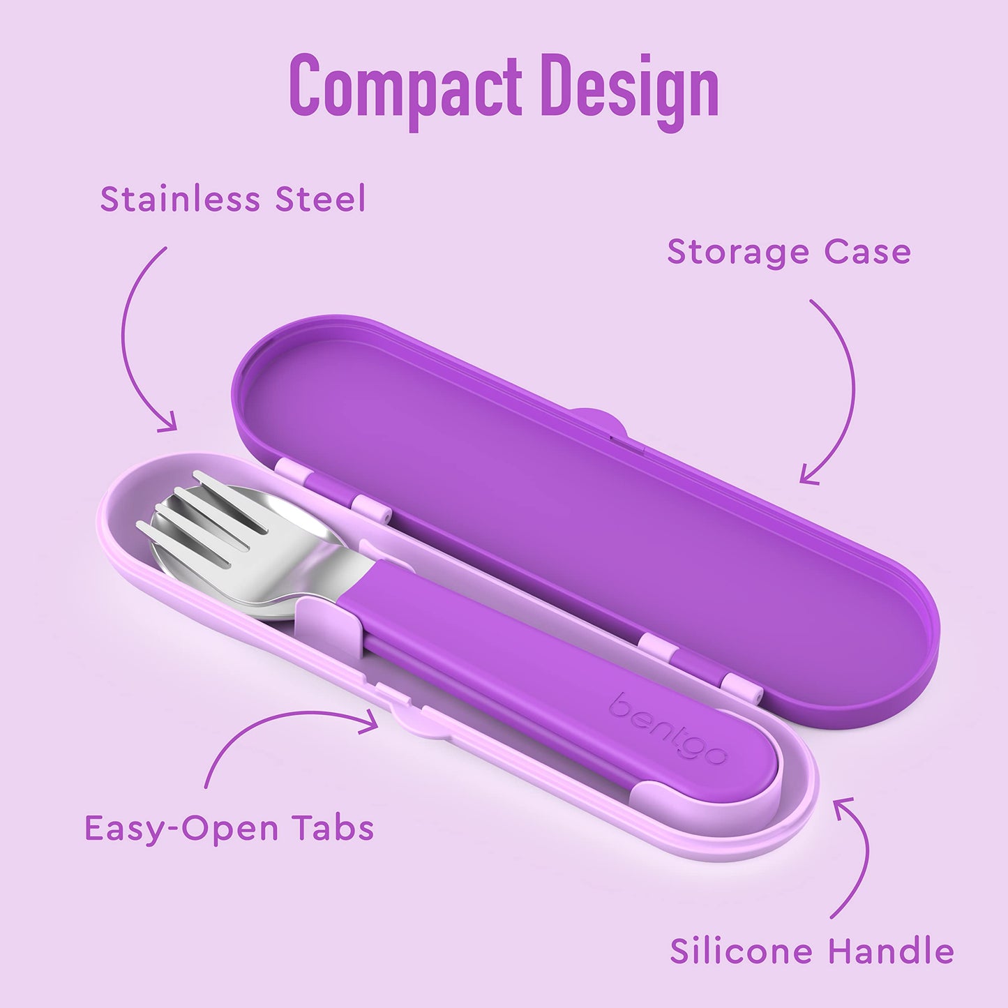 Bentgo Kids Stainless Steel Utensil Set - Reusable Fork, Spoon & Storage Case, PFAS- & BPA-Free, Easy-Grip Handles, Lightweight, Dishwasher Safe, School Lunch, Travel & Outdoors (Purple)