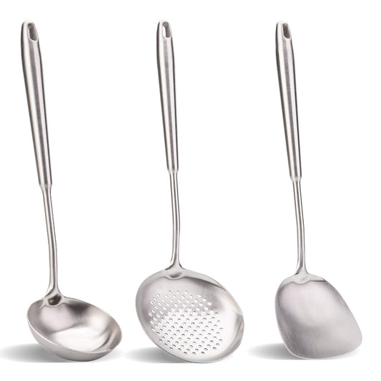 Wok spatula and ladle,Skimmer Ladle Tool Set, Chinese Wok Utensil Set, All metal 304 Stainless Steel Cooking Utensils(15in,15in,14in)