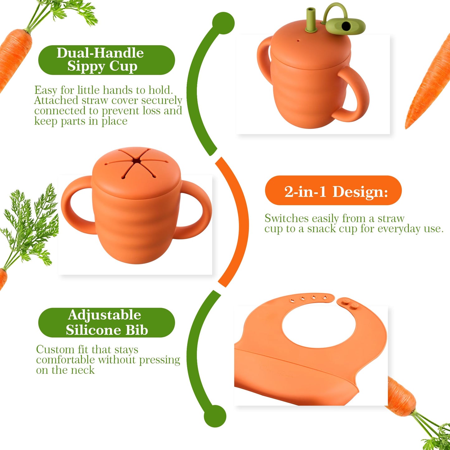 COZY ROCK Silicone Baby Feeding Set, Carrot Design BLW Toddler Feeding Set with Suction Plate & Bowl, Bib, Fork & Spoon, 2-in-1 Straw and Snack Cup, BPA-Free Baby Tableware for Starting Solids