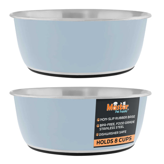 Master Pet Supply Stainless Steel Dog Bowls Set of 2 (64 Oz Each) with Non-Slip Rubber Base - Glacier Blue - Basic Dog Food Bowl Water & Food Bowls for Small Medium Large Dogs & Cats, Metal Dish