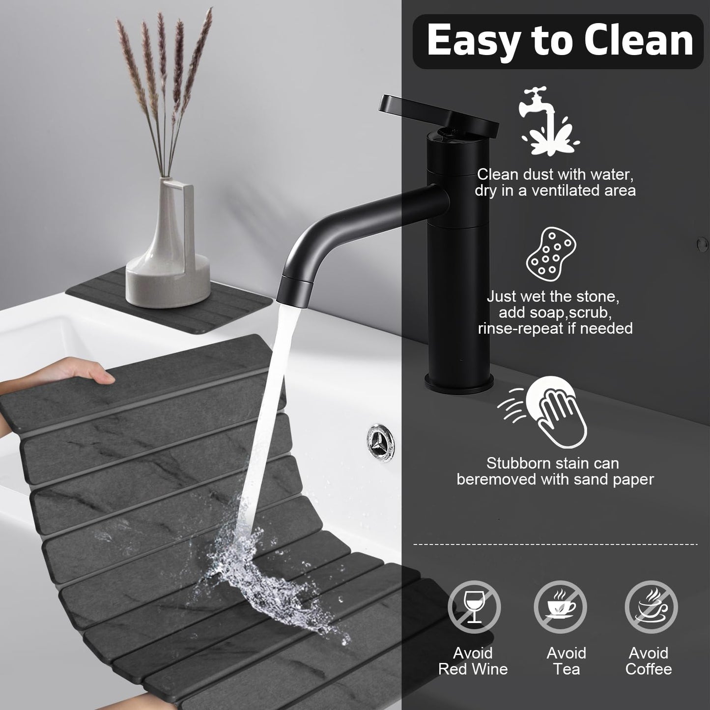 Large Stone Dish Drying Mat for Kitchen Counter, Quick Dry Dish Drying Mats, Foldable Absorbent Diatomaceous Earth Mats for Dishes Bottles Cup, Match Any Countertop (Gray Marble 24"×16" & 8"x4")