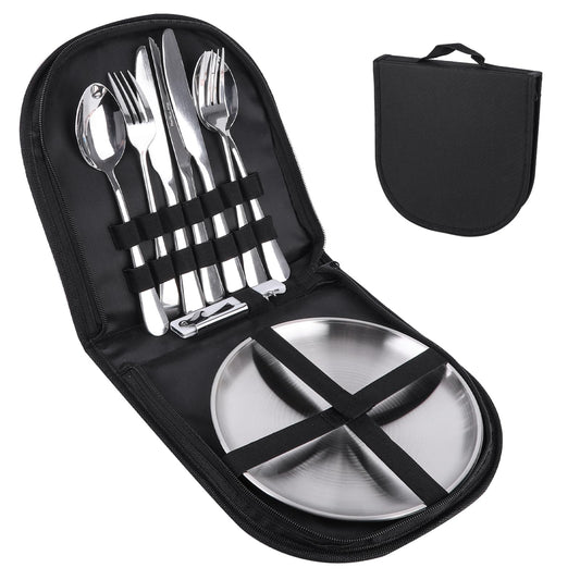 Outdoor Camping Silverware, 10Pcs Set Stainless Steel Outdoor Camping Mess Kits Includes Forks, Spoons, Knives, Fork Spoon Dish and Cap Opener, Plates - Portable Cutlery Bag (Stainless Steel)